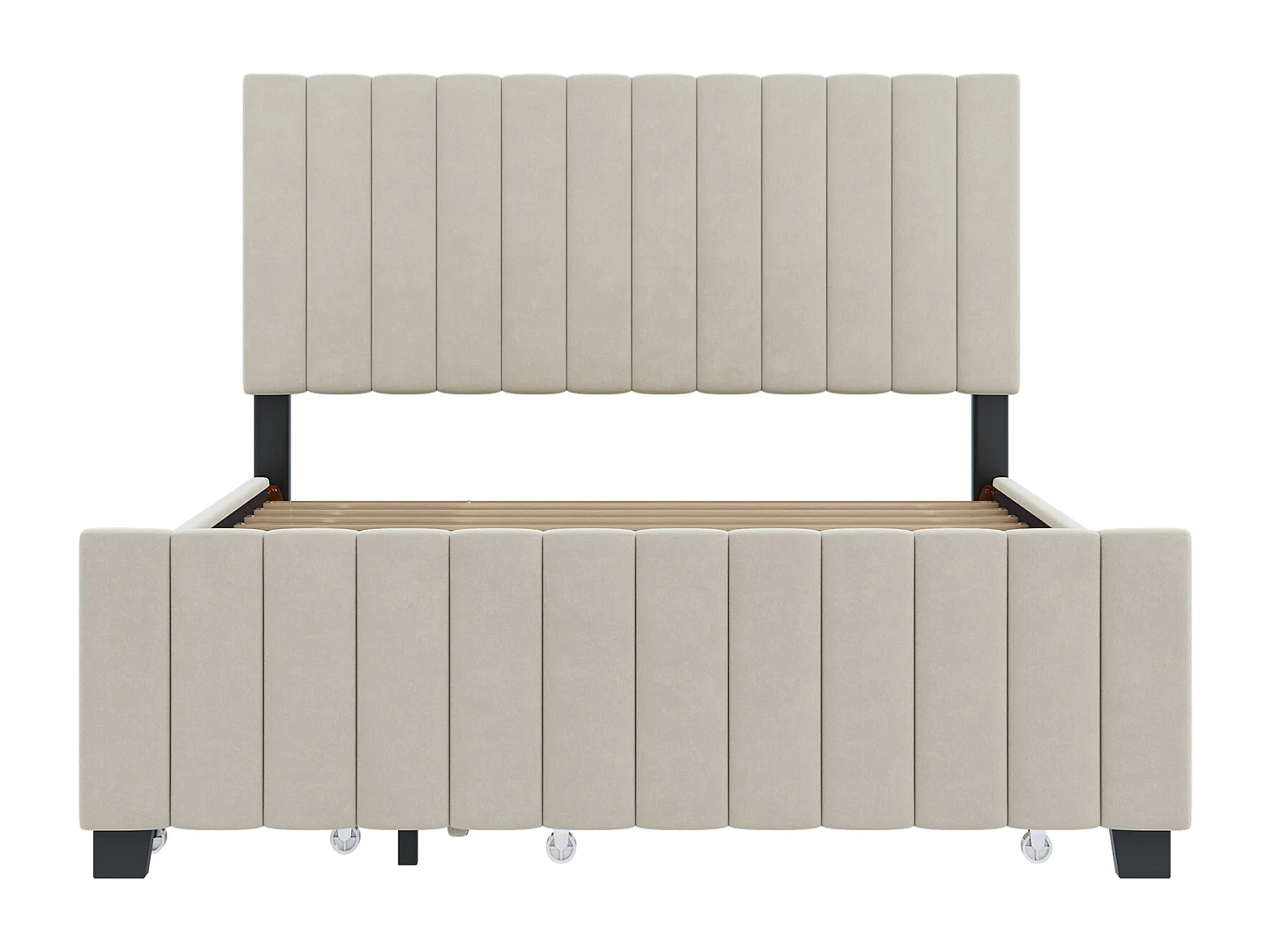 Cadre de lit beige 140x190cm avec lit gigogne 90x190cm, lit adulte avec 2 tiroirs, sans matelas