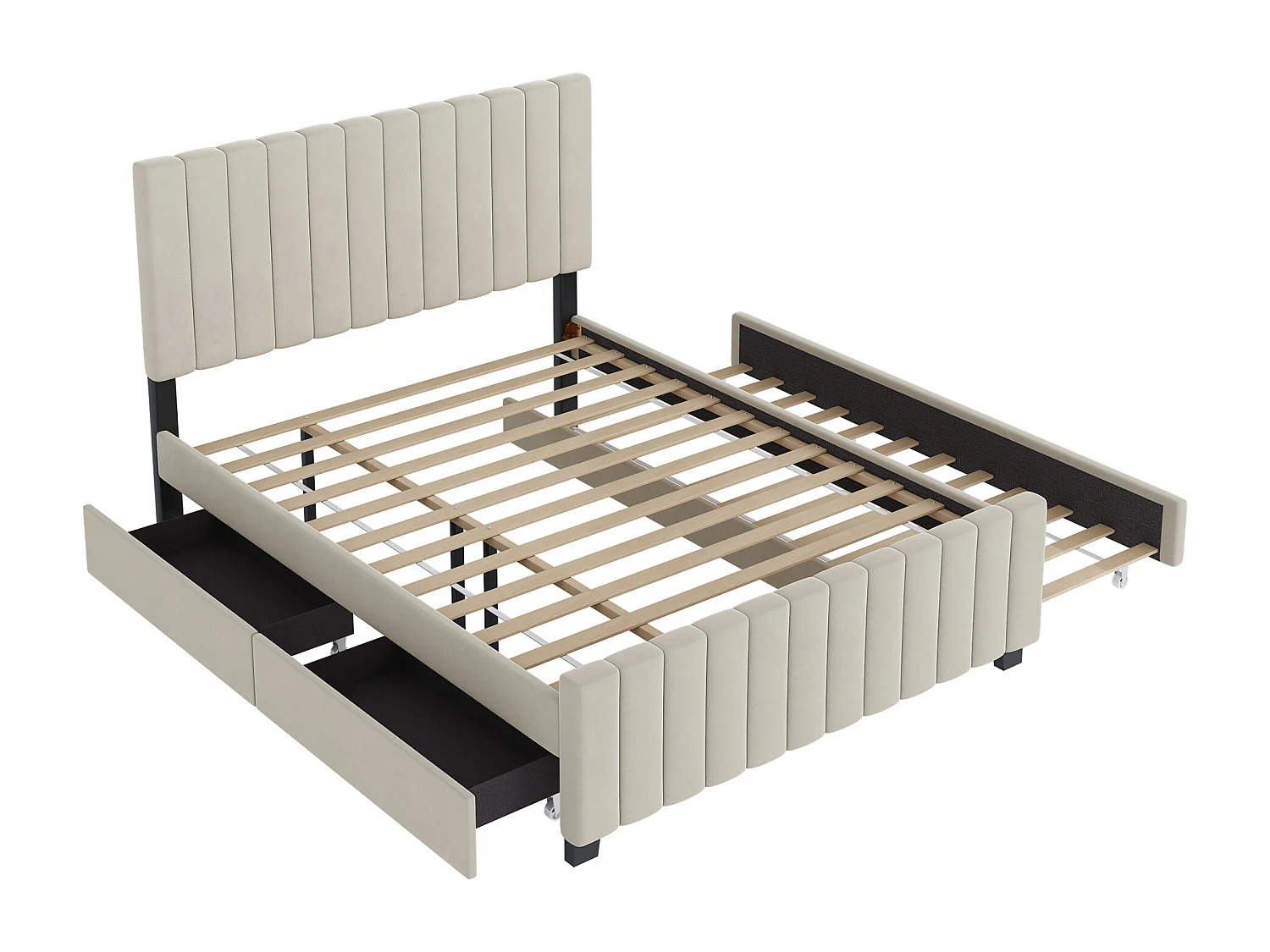 Estructura de cama beige 140x190cm con cama nido 90x190cm, cama adulto con 2 cajones, sin colchón