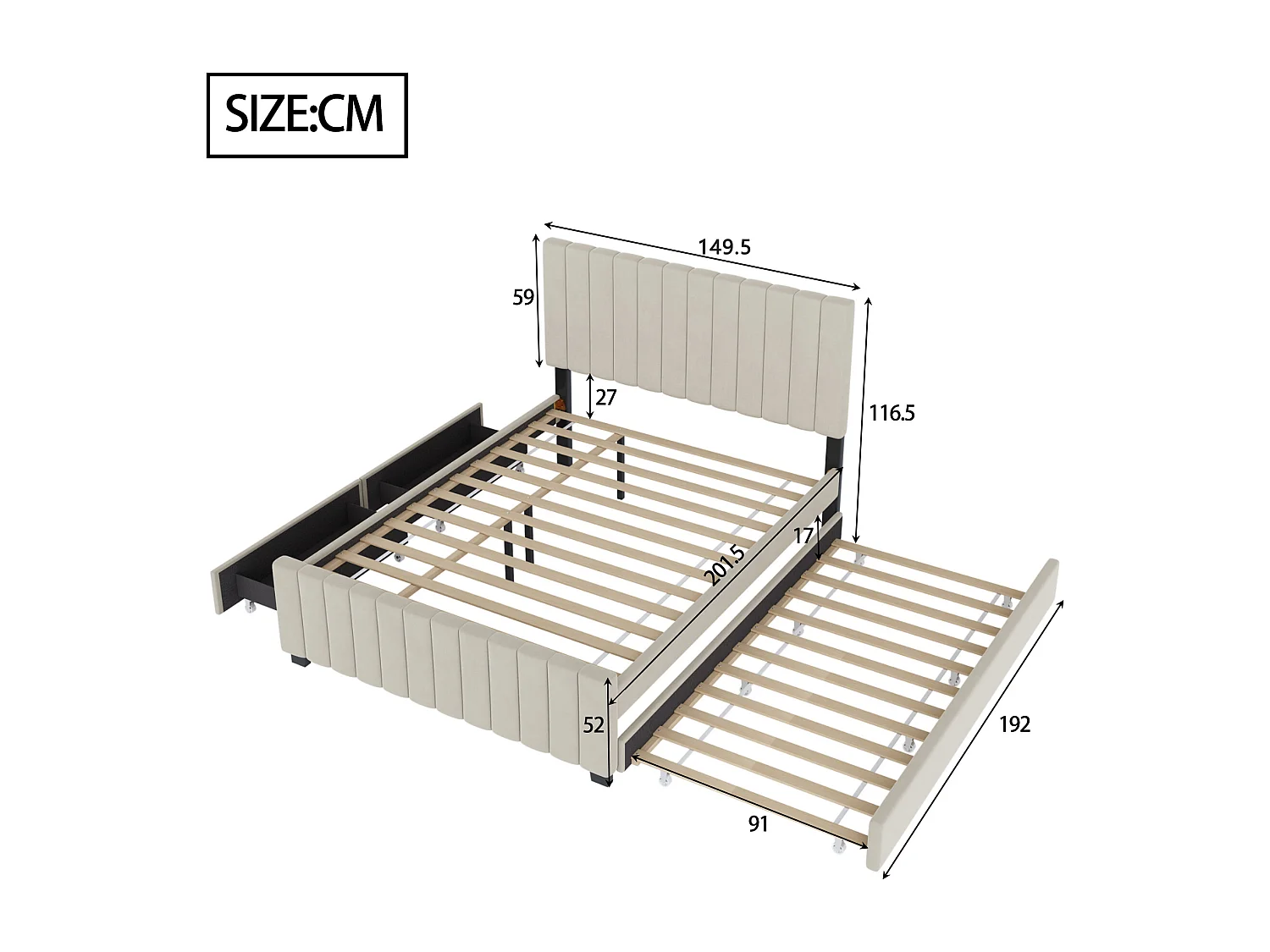 Estructura de cama beige 140x190cm con cama nido 90x190cm, cama adulto con 2 cajones, sin colchón