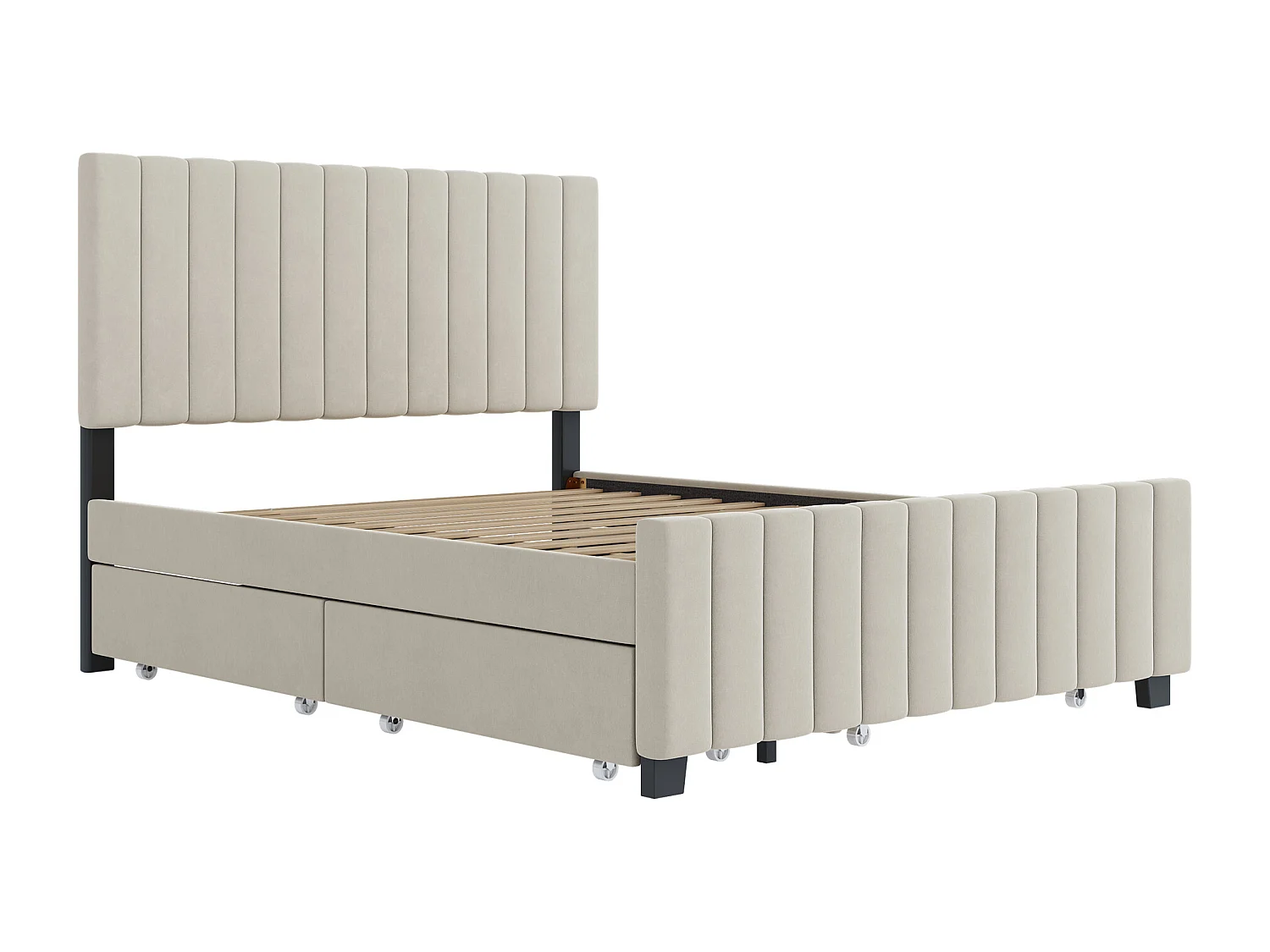 Estructura de cama beige 140x190cm con cama nido 90x190cm, cama adulto con 2 cajones, sin colchón