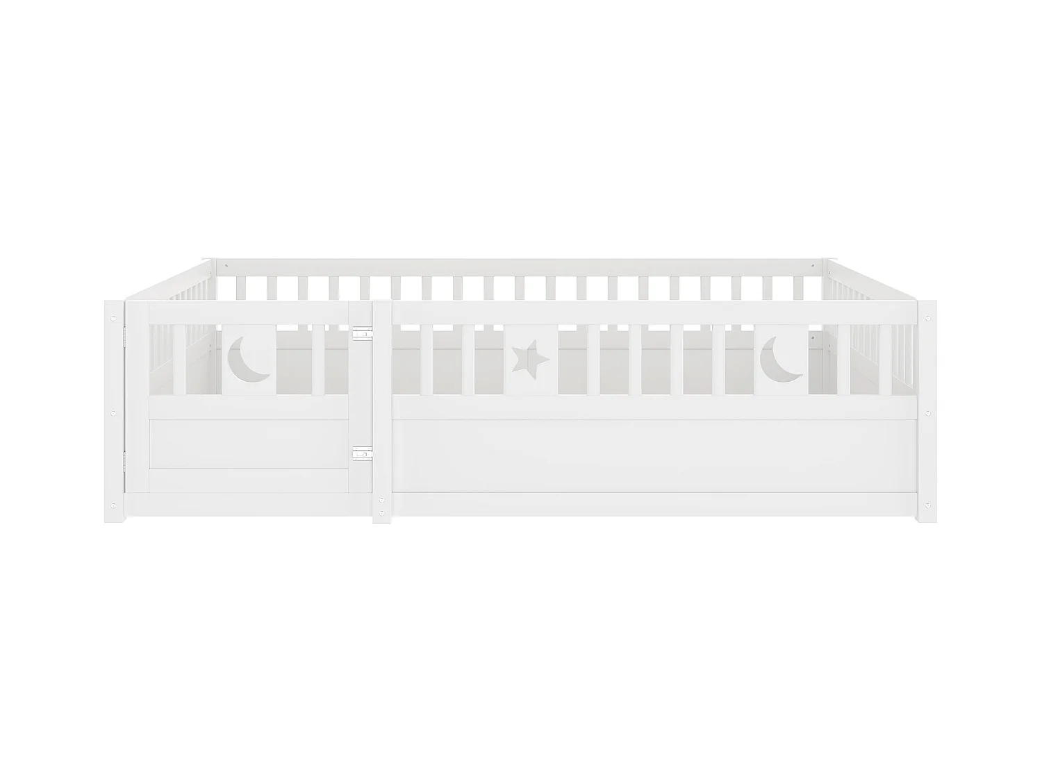 Lit enfant blanc 140 x 190 cm avec barrières de sécurité, décor étoiles et lune, sommier à lattes (sans matelas)