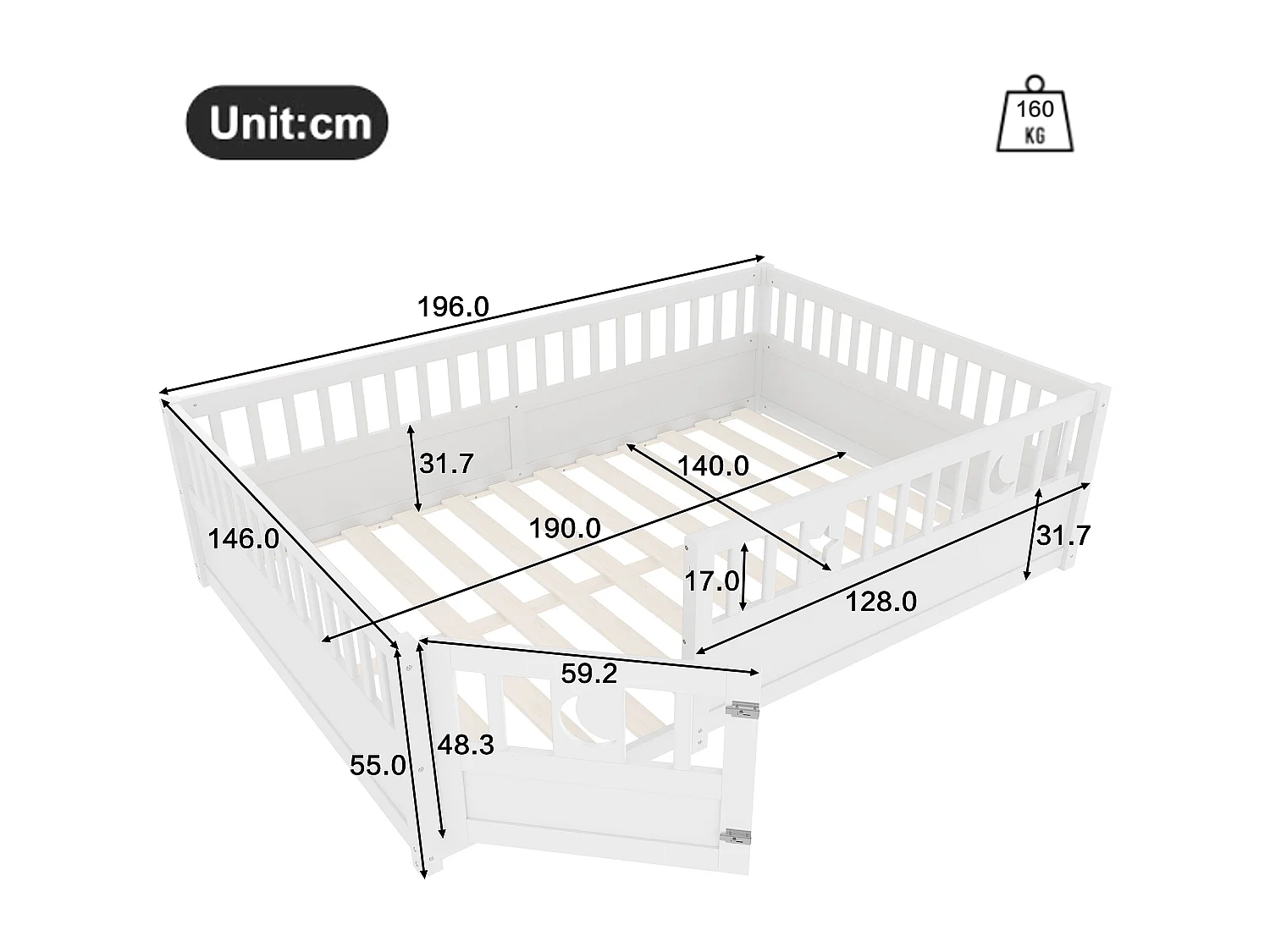 Lit enfant blanc 140 x 190 cm avec barrières de sécurité, décor étoiles et lune, sommier à lattes (sans matelas)