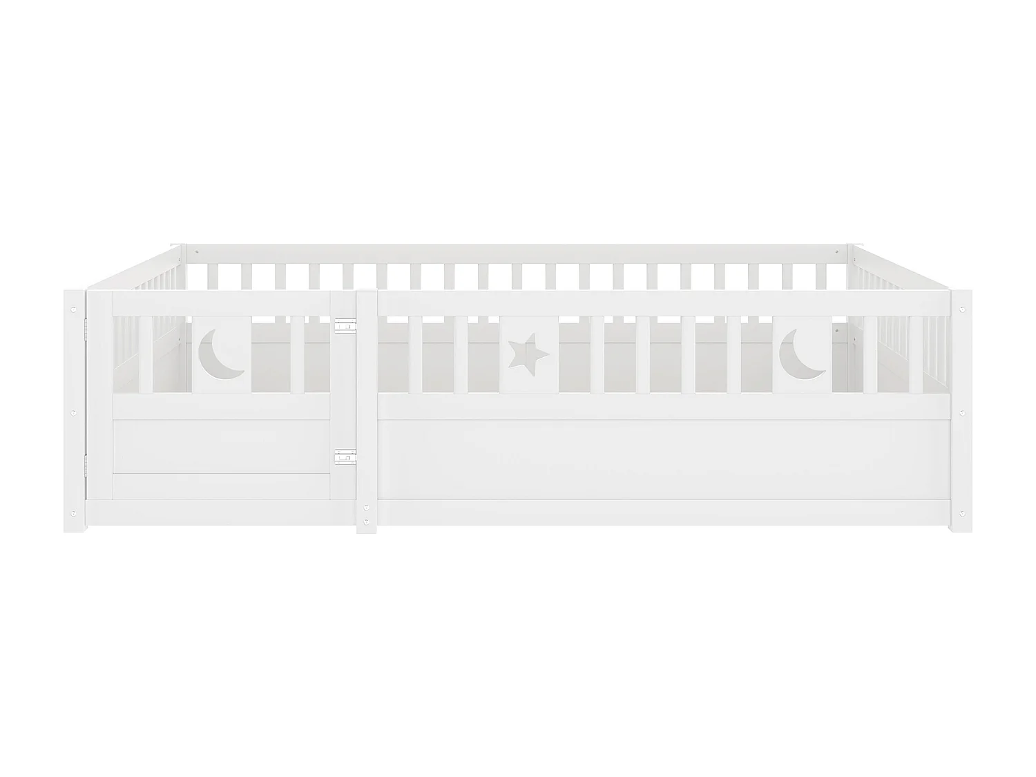 Lit enfant blanc 140 x 190 cm avec barrières de sécurité, décor étoiles et lune, sommier à lattes (sans matelas)