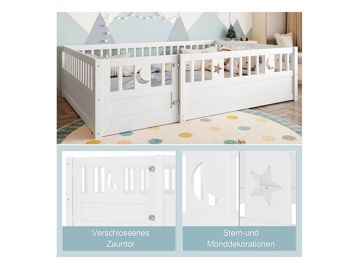 Lit enfant blanc 140x190cm avec barrière de sécurité, décor motif étoiles et lune, sans sommier (sans matelas)