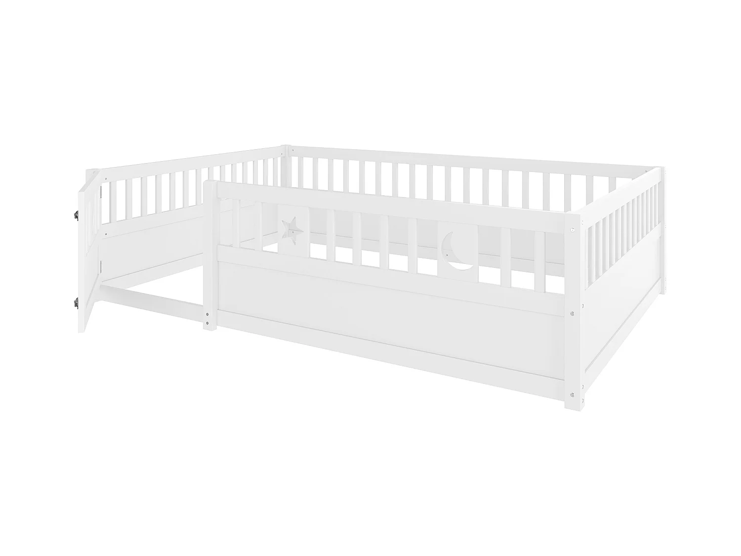 Lit enfant blanc 140x190cm avec barrière de sécurité, décor motif étoiles et lune, sans sommier (sans matelas)