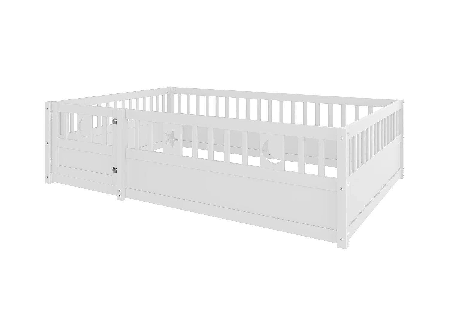 Lit enfant blanc 140x190cm avec barrière de sécurité, décor motif étoiles et lune, sans sommier (sans matelas)