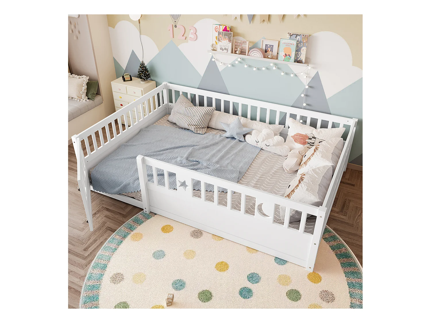 Lit enfant blanc 140x190cm avec barrière de sécurité, décor motif étoiles et lune, sans sommier (sans matelas)