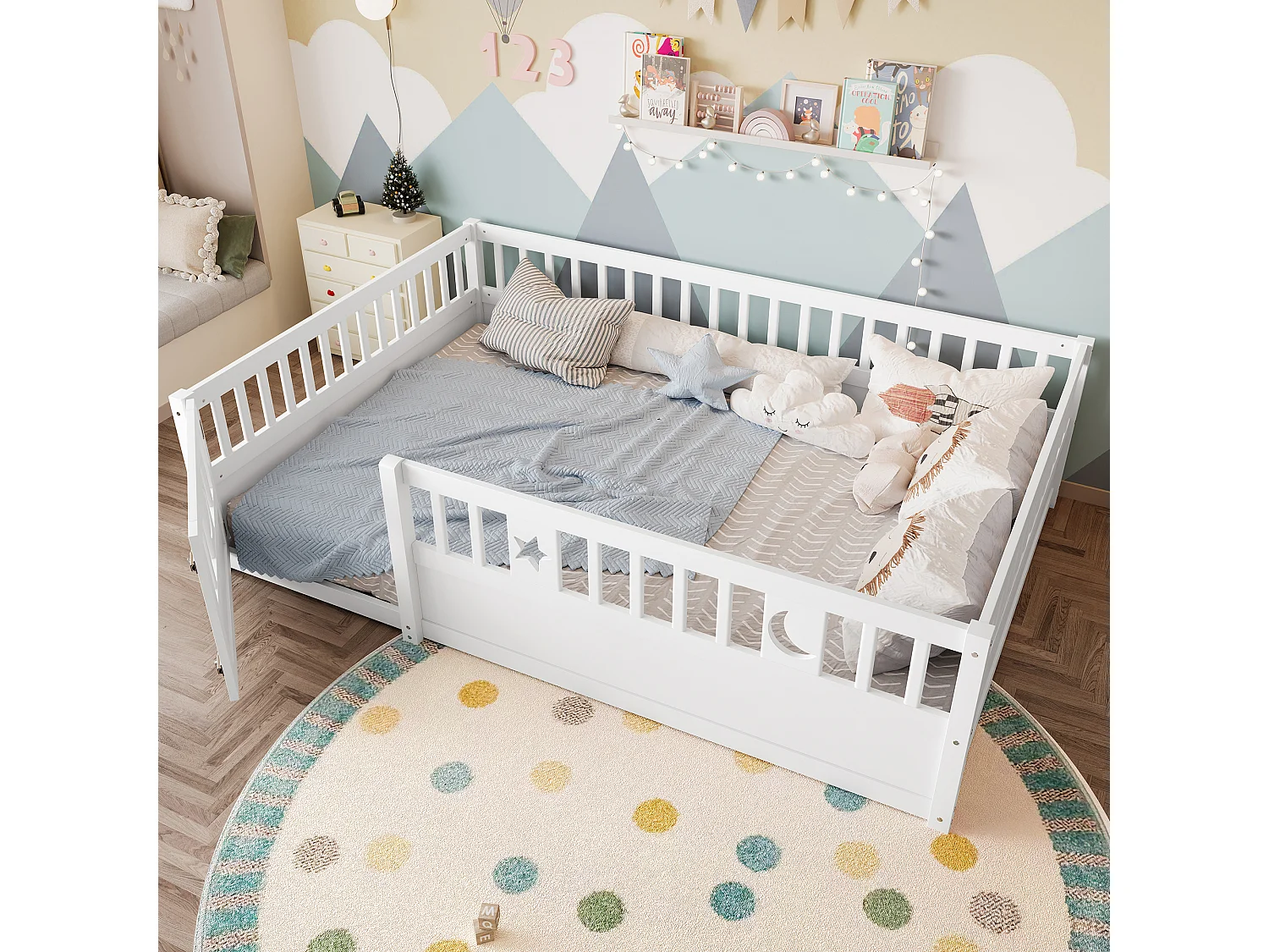 Letto per bambini bianco 140x190cm con sponda di sicurezza, decoro con stelle e luna, senza base (senza materasso)