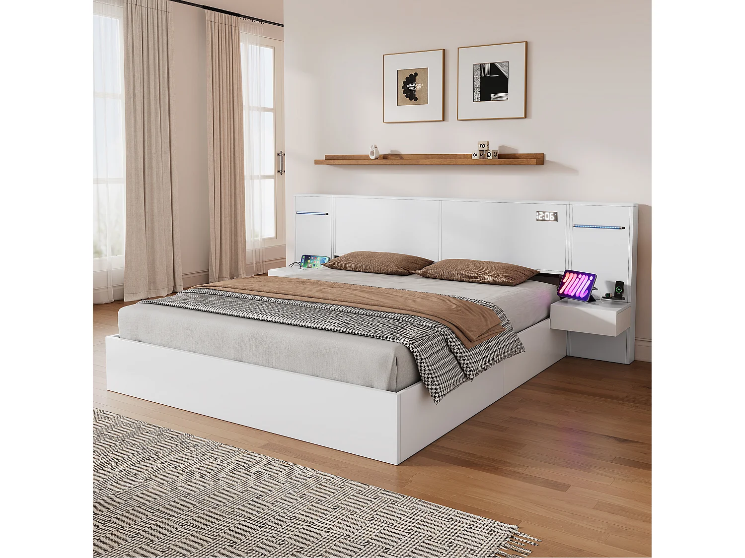 Lit Adulte 180 x 200 cm - Lit Avec Sommier - En MDF - Avec USB-A/USB-C, Haut-Parleur Bluetooth, Horloge, Bande LED - Blanc