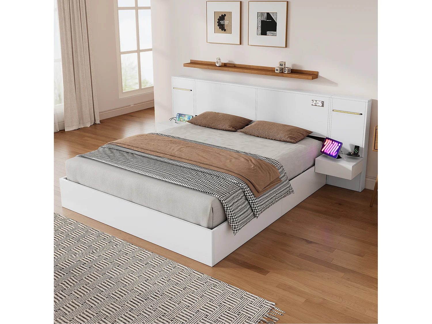 Lit Adulte 180 x 200 cm - Lit Avec Sommier - En MDF - Avec USB-A/USB-C, Haut-Parleur Bluetooth, Horloge, Bande LED - Blanc