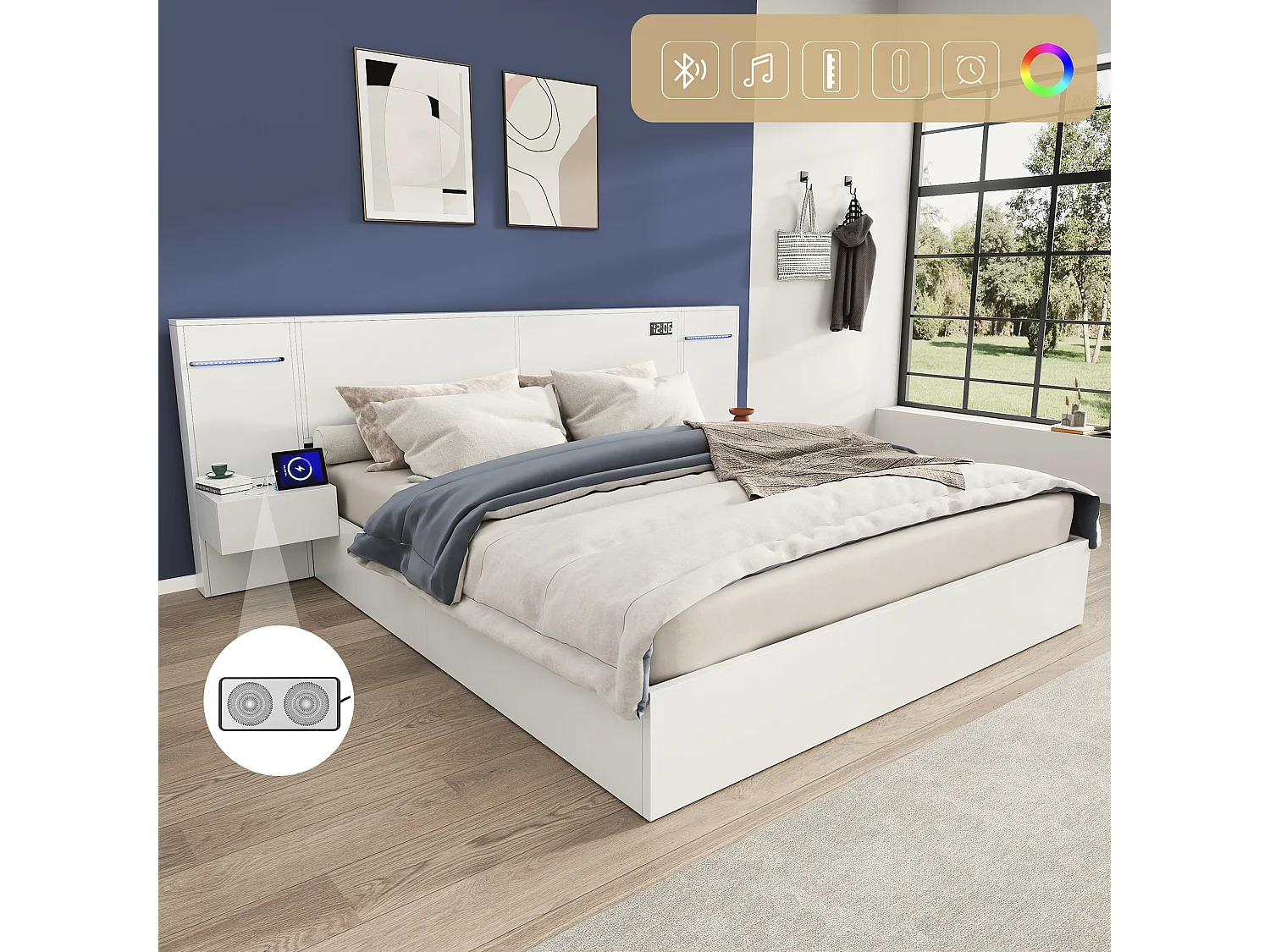 Lit Adulte 180 x 200 cm - Lit Avec Sommier - En MDF - Avec USB-A/USB-C, Haut-Parleur Bluetooth, Horloge, Bande LED - Blanc