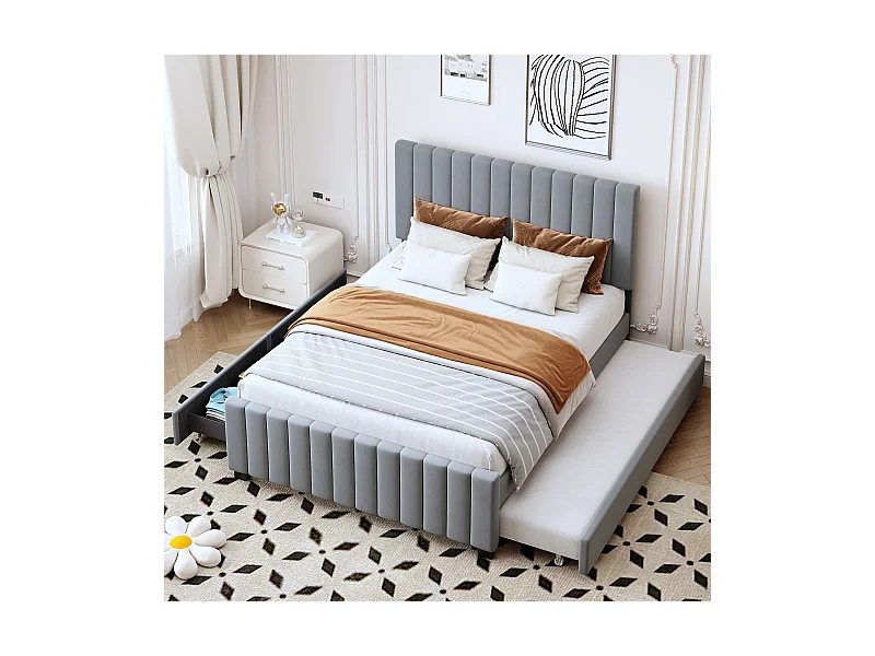 Estrutura de cama cinzenta 140x190cm com cama individual 90x190cm, cama de adulto com 2 gavetas, sem colchão