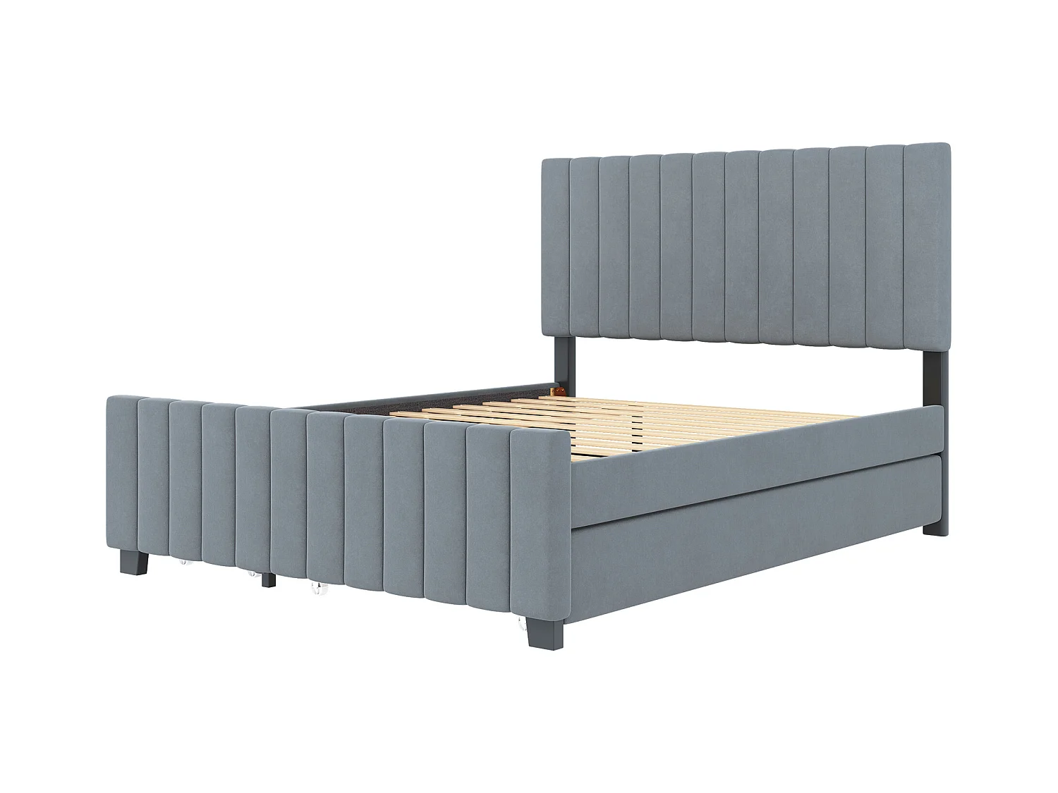 Cadre de lit gris 140x190cm avec lit gigogne 90x190cm, lit adulte avec 2 tiroirs, sans matelas