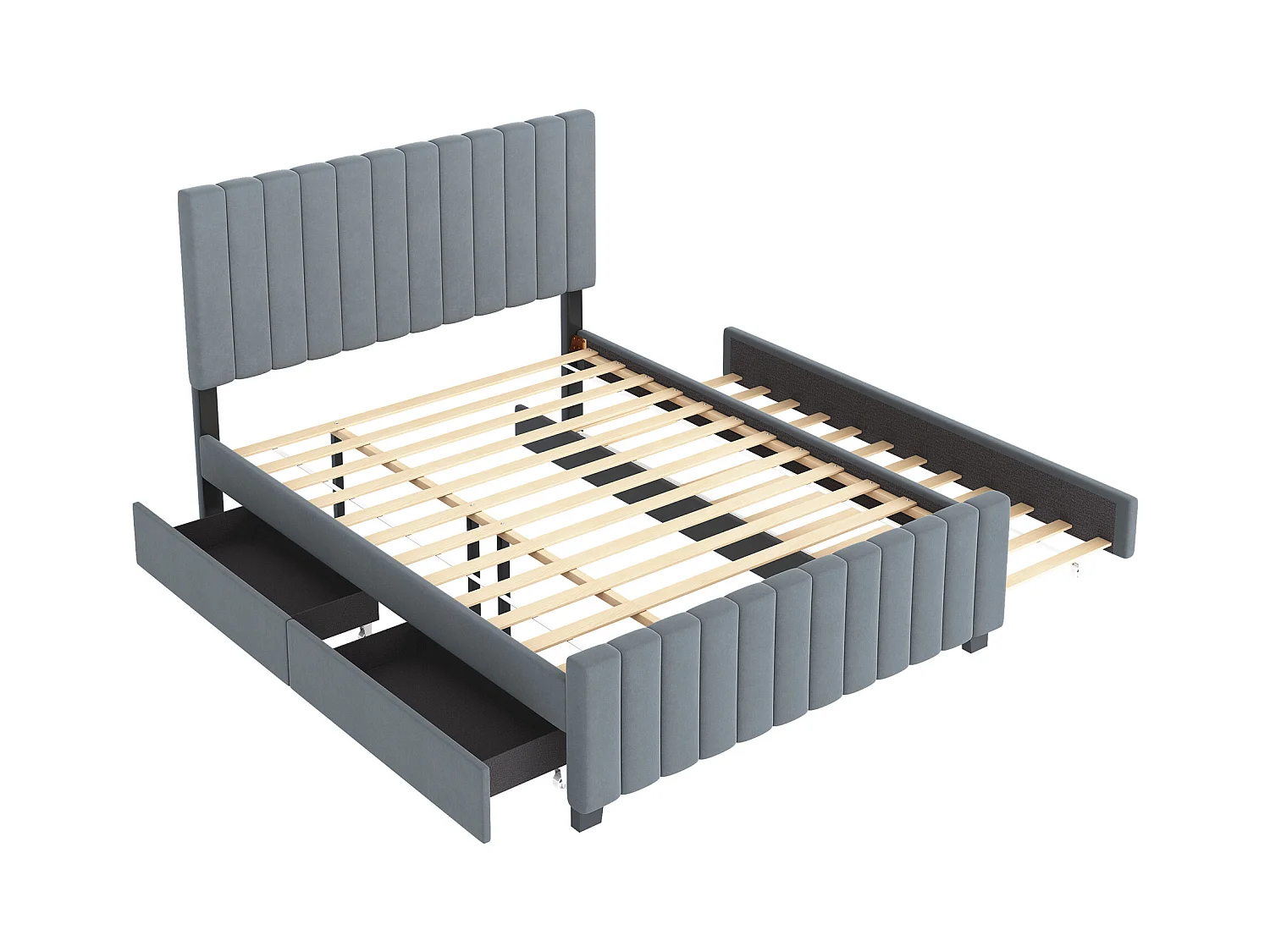 Cadre de lit gris 140x190cm avec lit gigogne 90x190cm, lit adulte avec 2 tiroirs, sans matelas