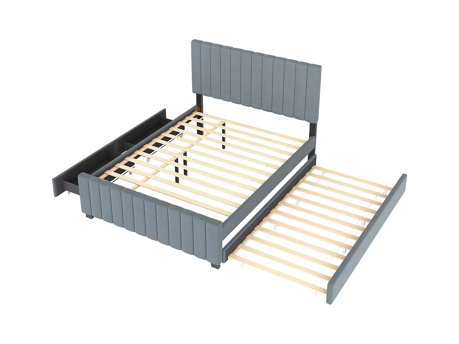 Cadre de lit gris 140x190cm avec lit gigogne 90x190cm, lit adulte avec 2 tiroirs, sans matelas