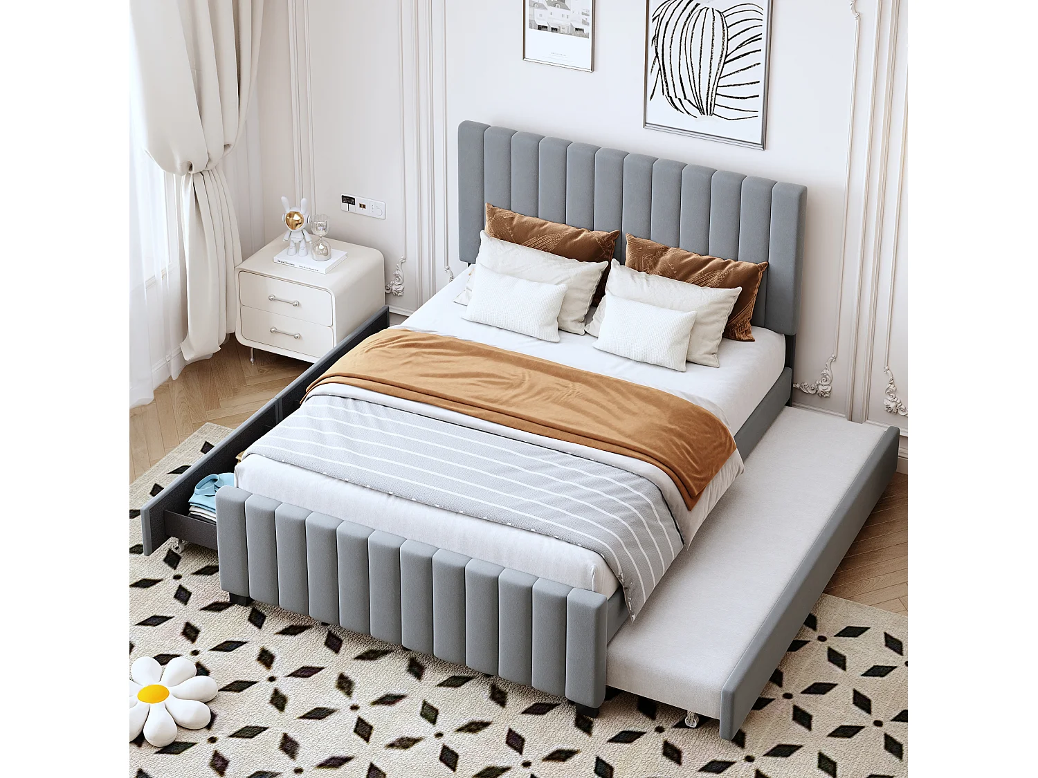 Estructura de cama gris 140x190cm con cama nido 90x190cm, cama adulto con 2 cajones, sin colchón