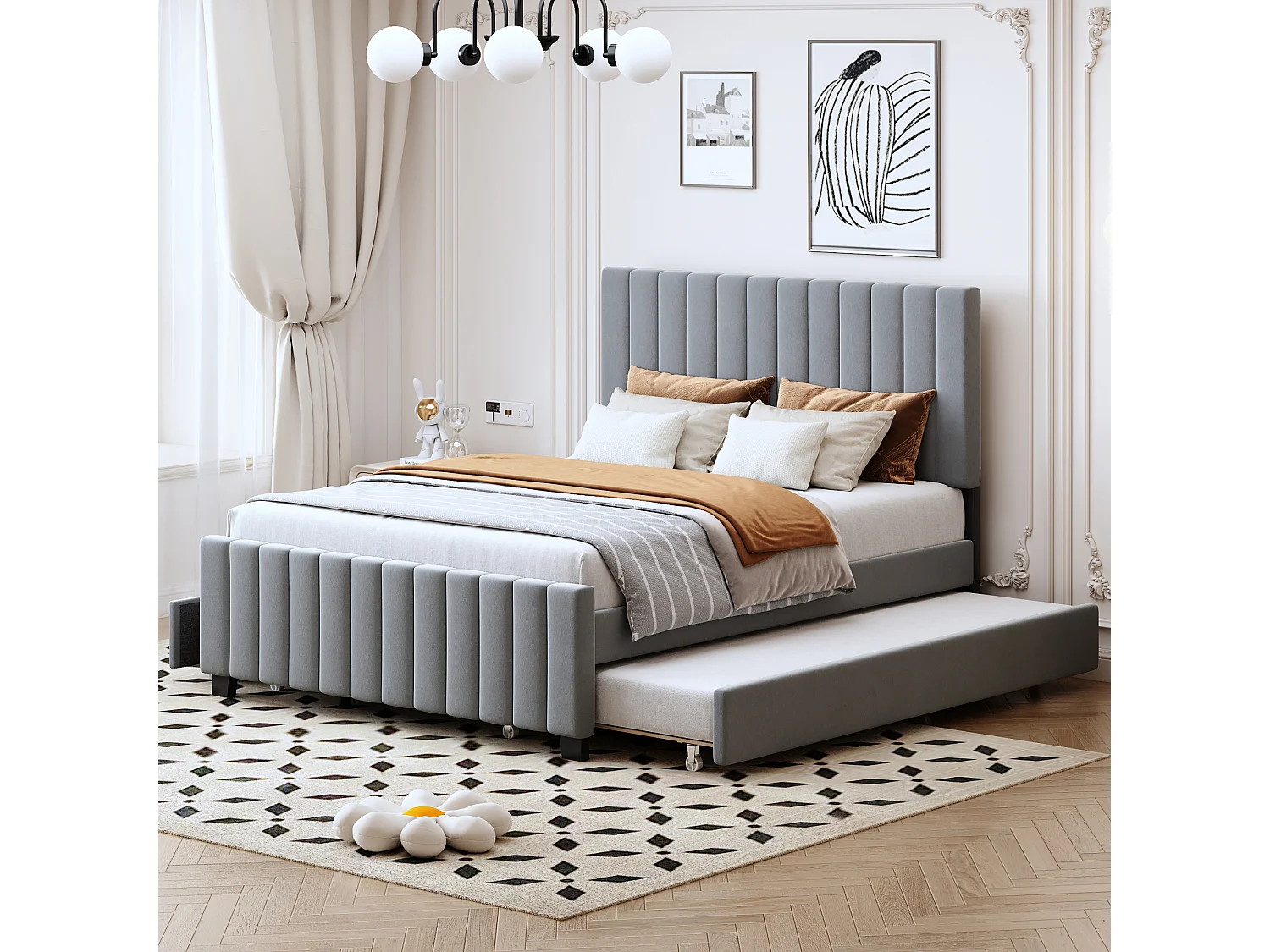 Estructura de cama gris 140x190cm con cama nido 90x190cm, cama adulto con 2 cajones, sin colchón