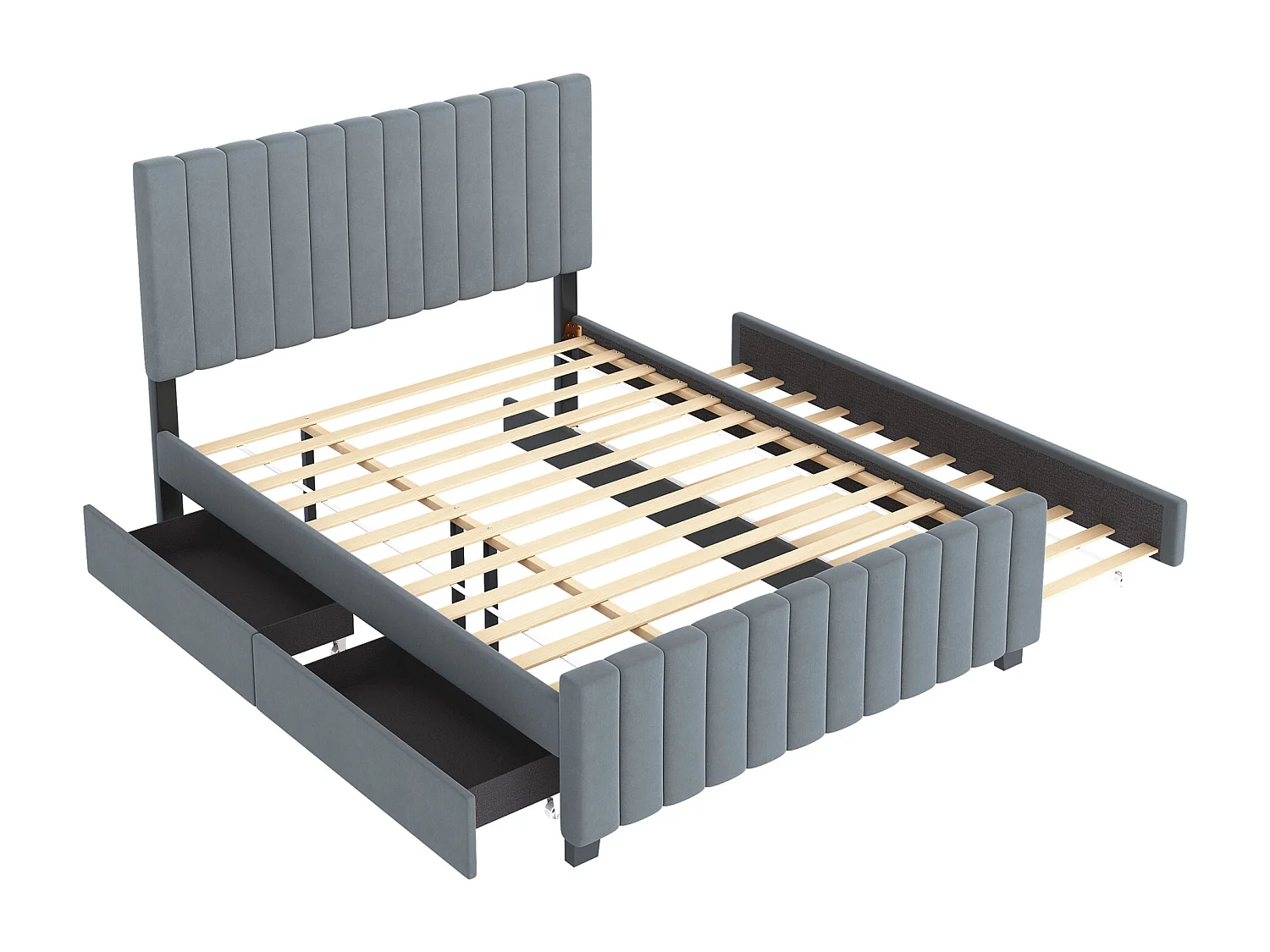 Estructura de cama gris 140x190cm con cama nido 90x190cm, cama adulto con 2 cajones, sin colchón