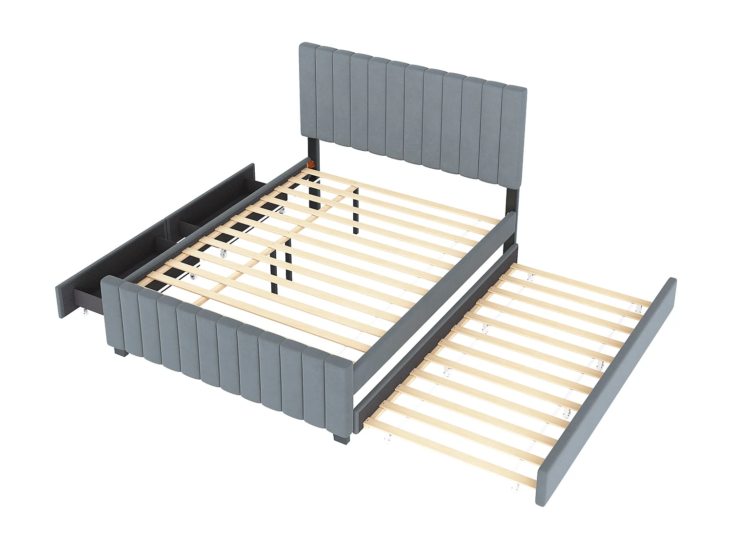 Estructura de cama gris 140x190cm con cama nido 90x190cm, cama adulto con 2 cajones, sin colchón