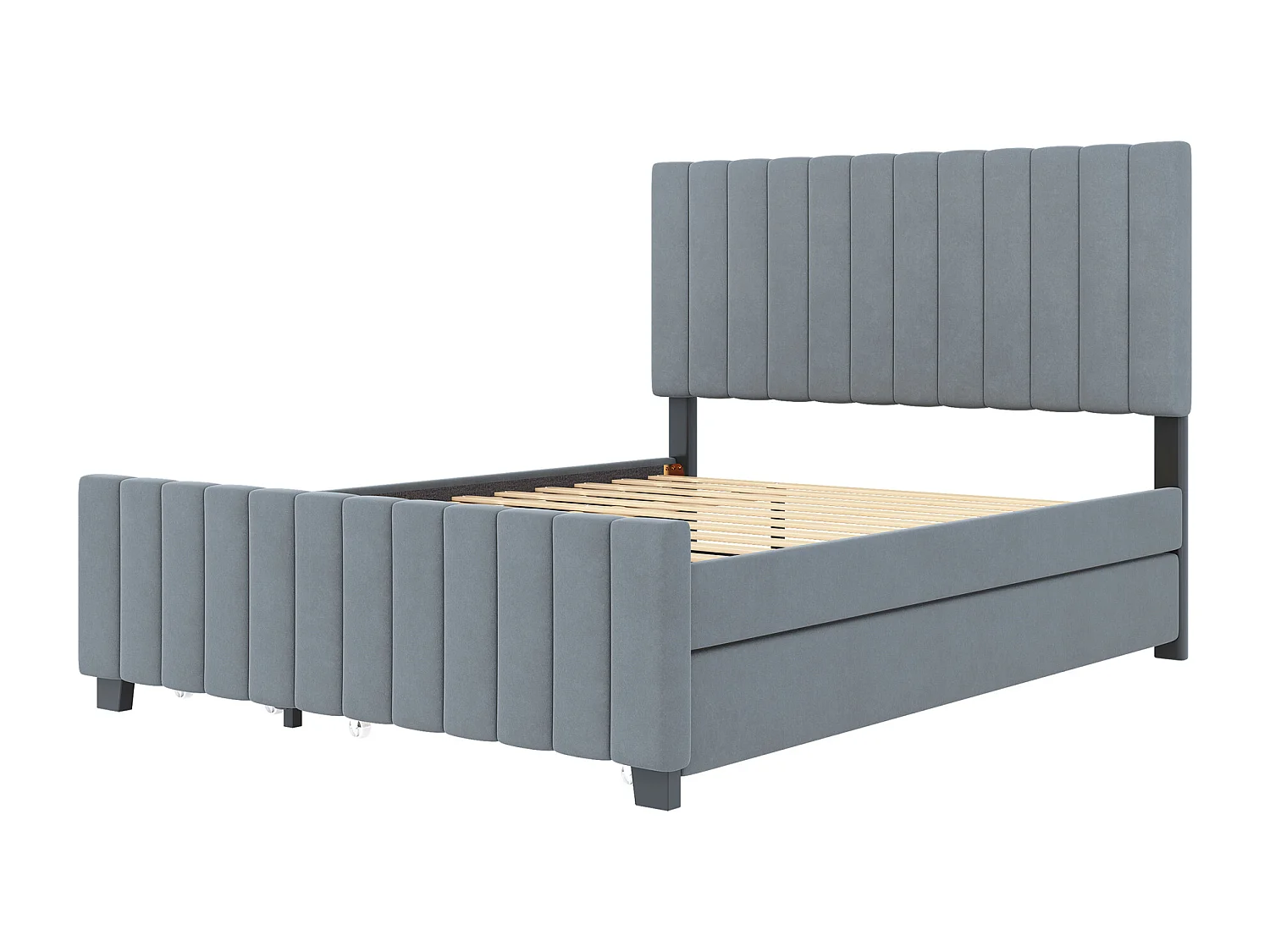 Estructura de cama gris 140x190cm con cama nido 90x190cm, cama adulto con 2 cajones, sin colchón