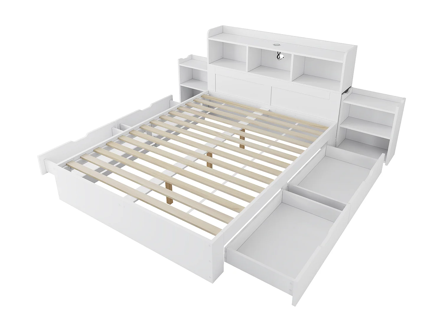 Lit combiné double 140 x 200 cm, chevets, coffre, interface TYPE-C,charge sans fil, en MDF blanc, sans matelas