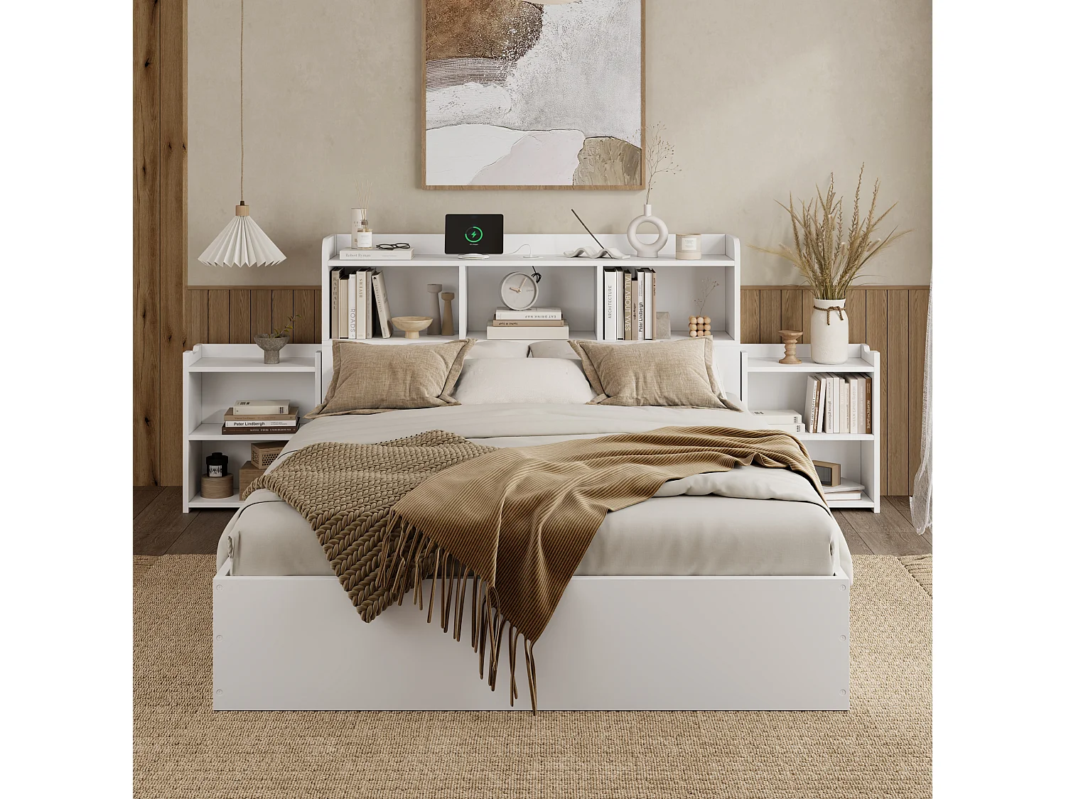 Lit combiné double 140 x 200 cm, chevets, coffre, interface TYPE-C,charge sans fil, en MDF blanc, sans matelas