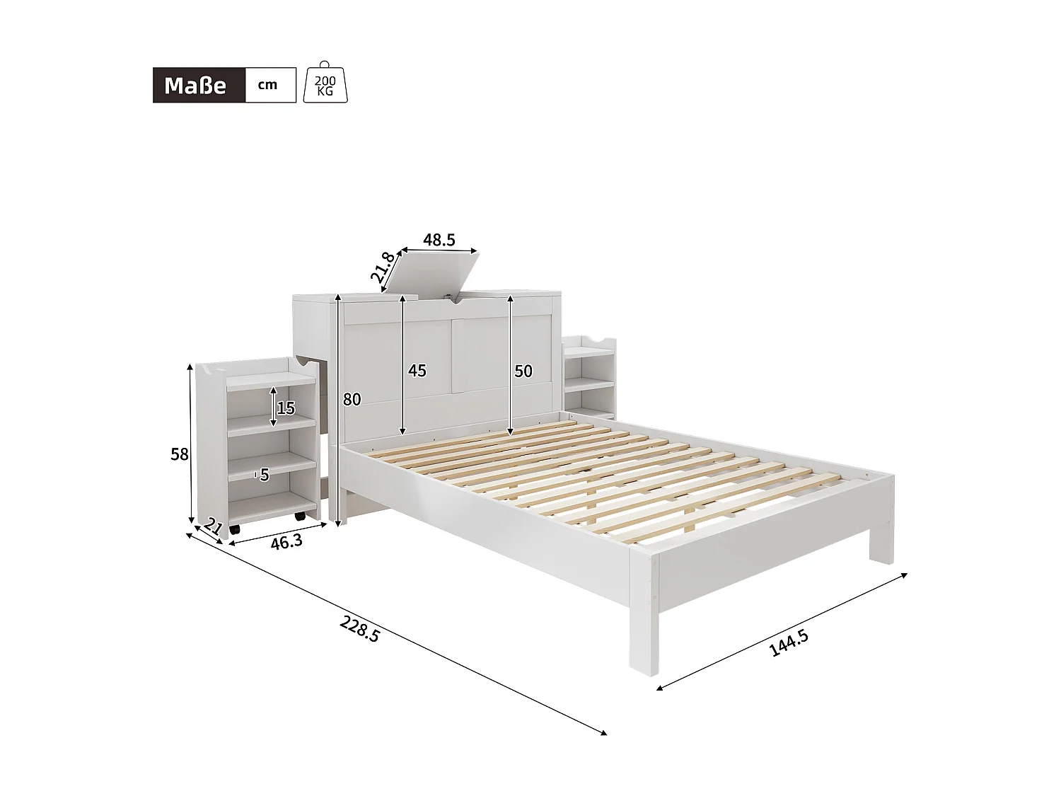 Lit combiné double 140 x 200 cm, chevets et rangement, pour adultes et adolescents, en bois blanc, sans matelas