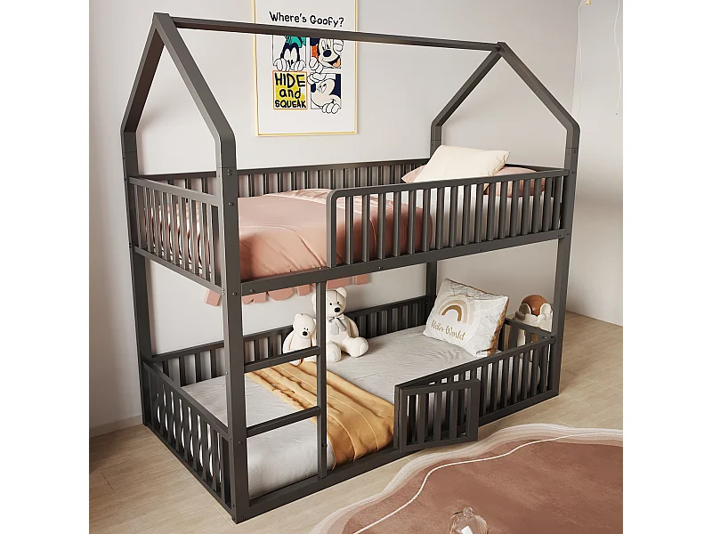 Letto a castello per bambini nero 90x200cm con scaletta, struttura in metallo, senza materasso