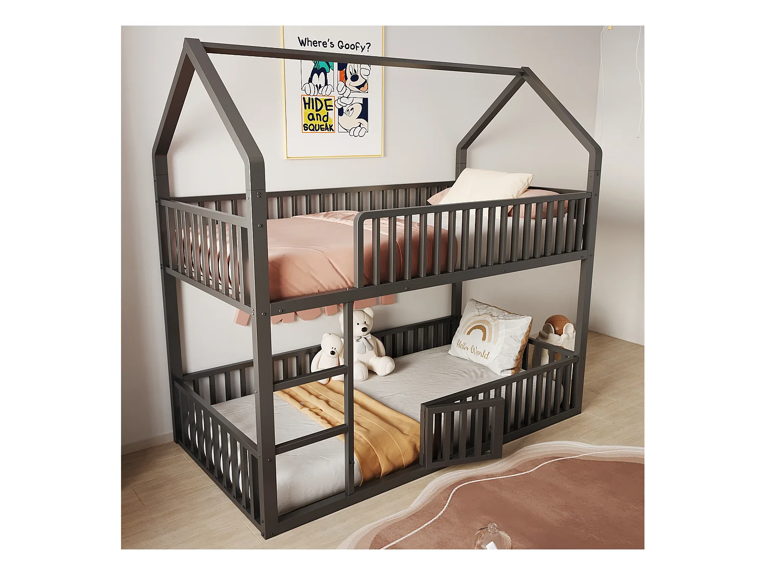 Lit superposé cabane enfant noir 90x200cm avec échelle, structure en métal, sans matelas