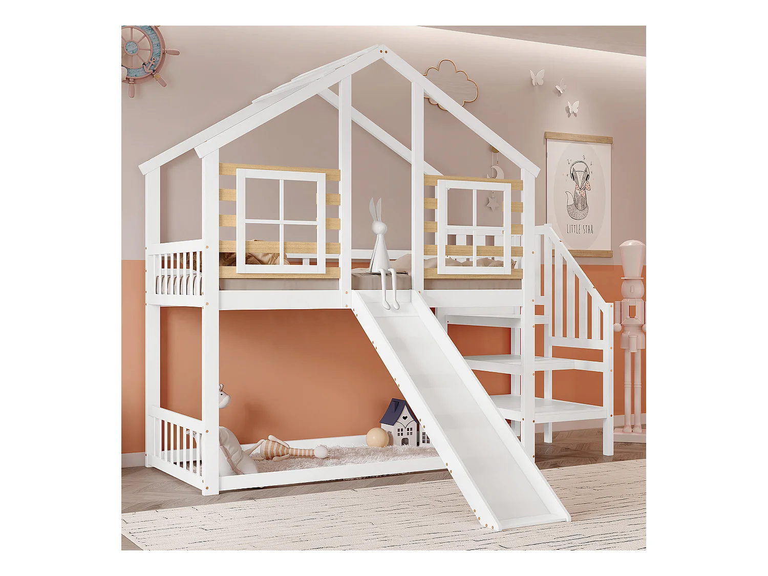 Lit superposé cabane enfant blanc 90x200cm avec escalier de rangement, toboggan, fenêtre, sans matelas