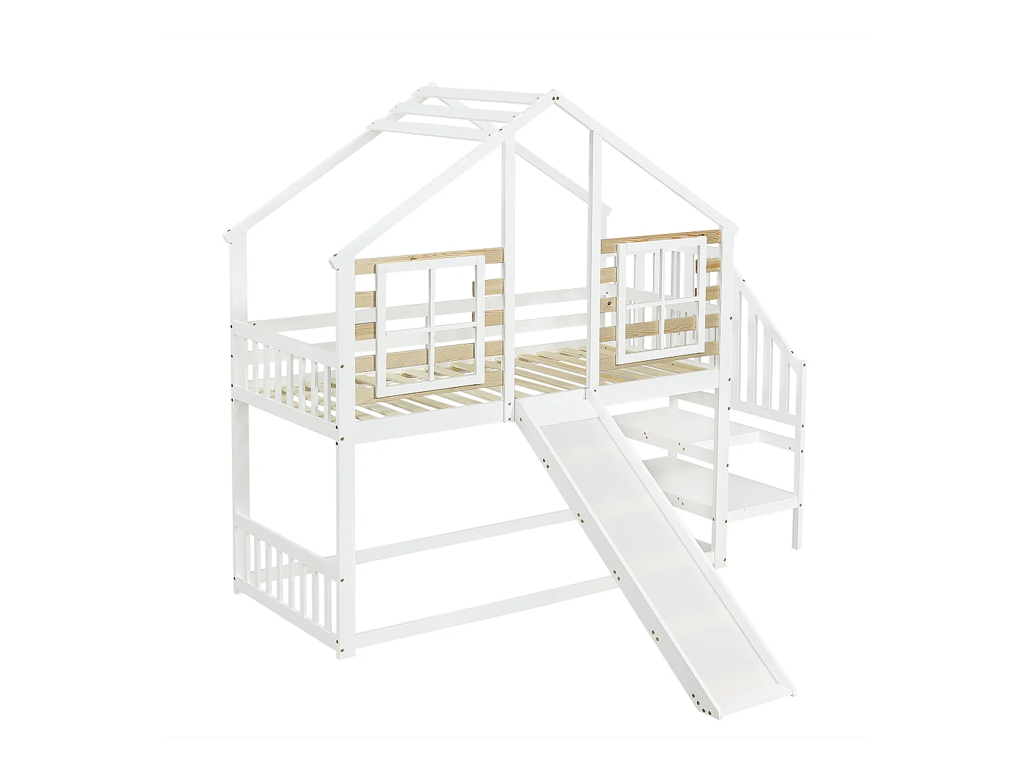 Lit superposé cabane enfant blanc 90x200cm avec escalier de rangement, toboggan, fenêtre, sans matelas