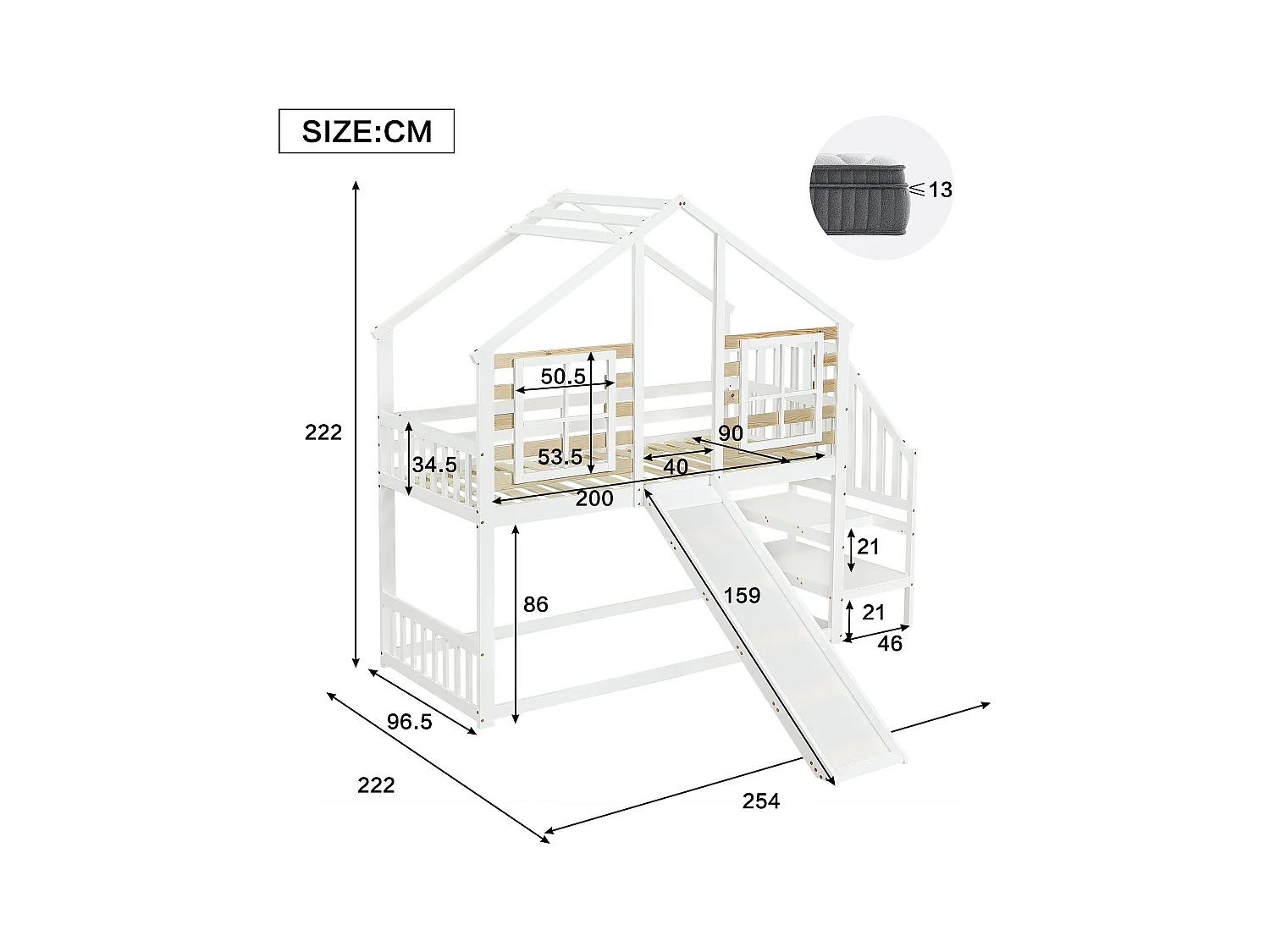 Lit superposé cabane enfant blanc 90x200cm avec escalier de rangement, toboggan, fenêtre, sans matelas