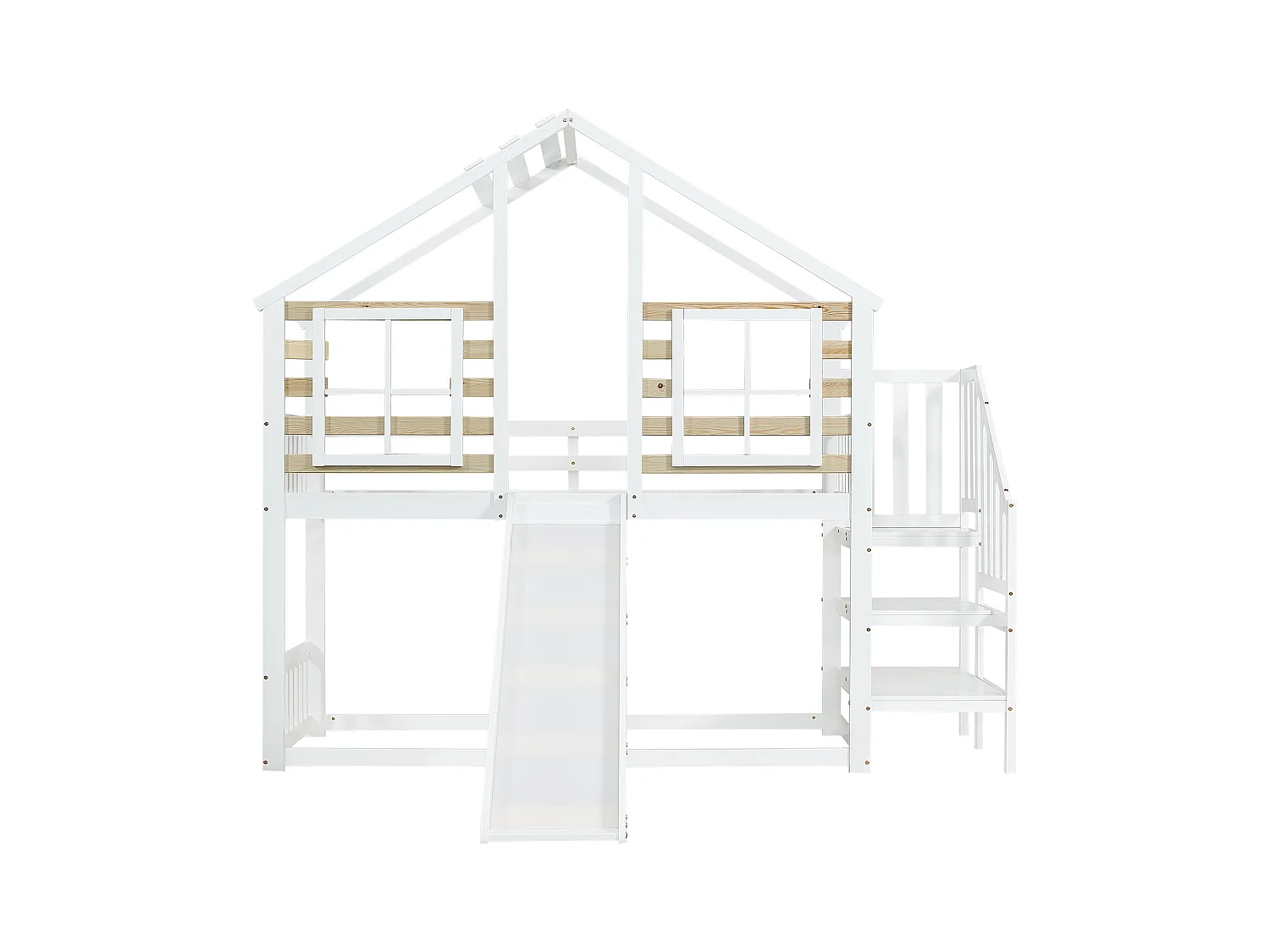 Lit superposé cabane enfant blanc 90x200cm avec escalier de rangement, toboggan, fenêtre, sans matelas
