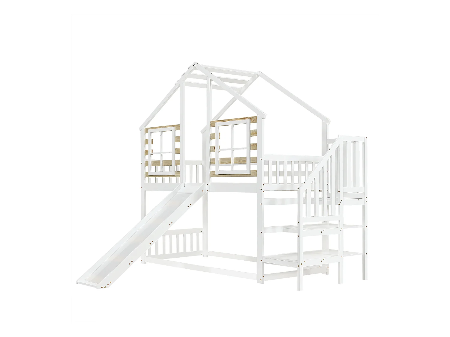 Lit superposé cabane enfant blanc 90x200cm avec escalier de rangement, toboggan, fenêtre, sans matelas