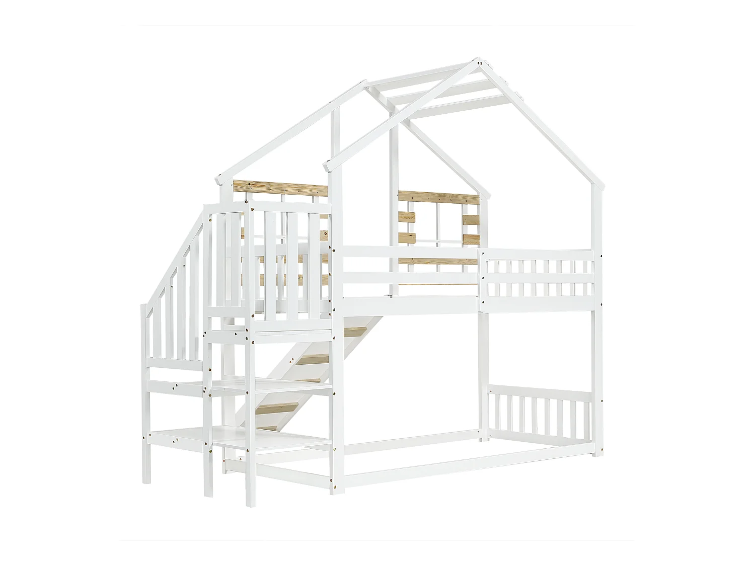 Lit superposé cabane enfant blanc 90x200cm avec escalier de rangement, toboggan, fenêtre, sans matelas