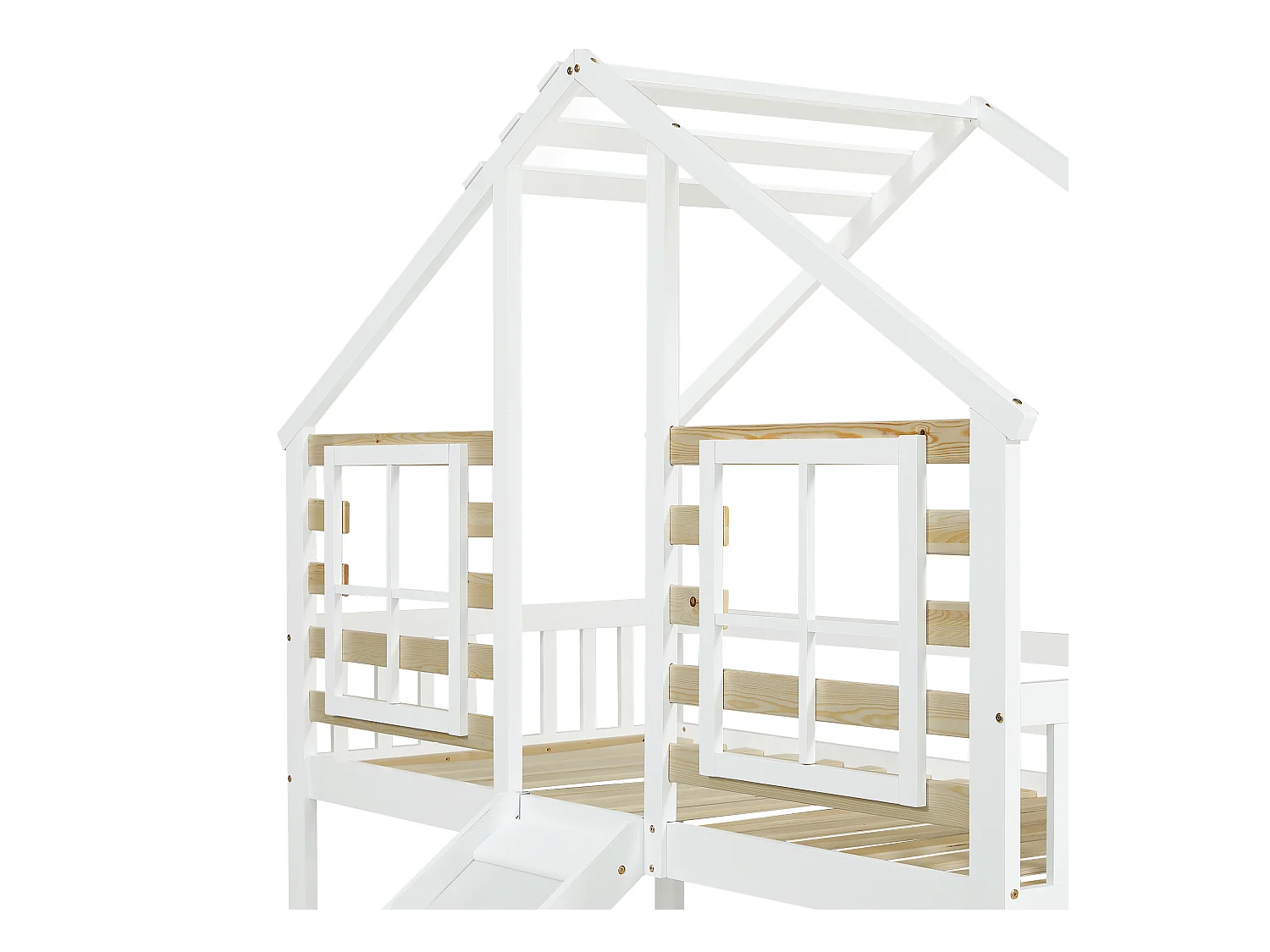 Lit superposé cabane enfant blanc 90x200cm avec escalier de rangement, toboggan, fenêtre, sans matelas