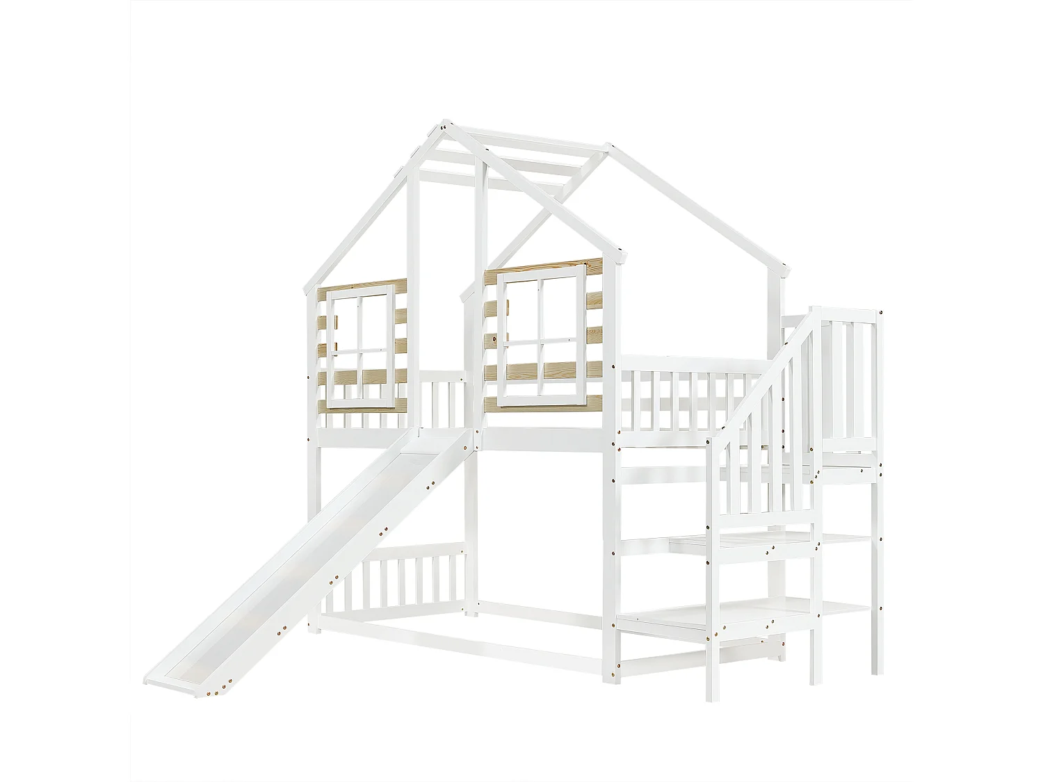 Lit superposé cabane enfant blanc 90x200cm avec escalier de rangement, toboggan, fenêtre, sans matelas