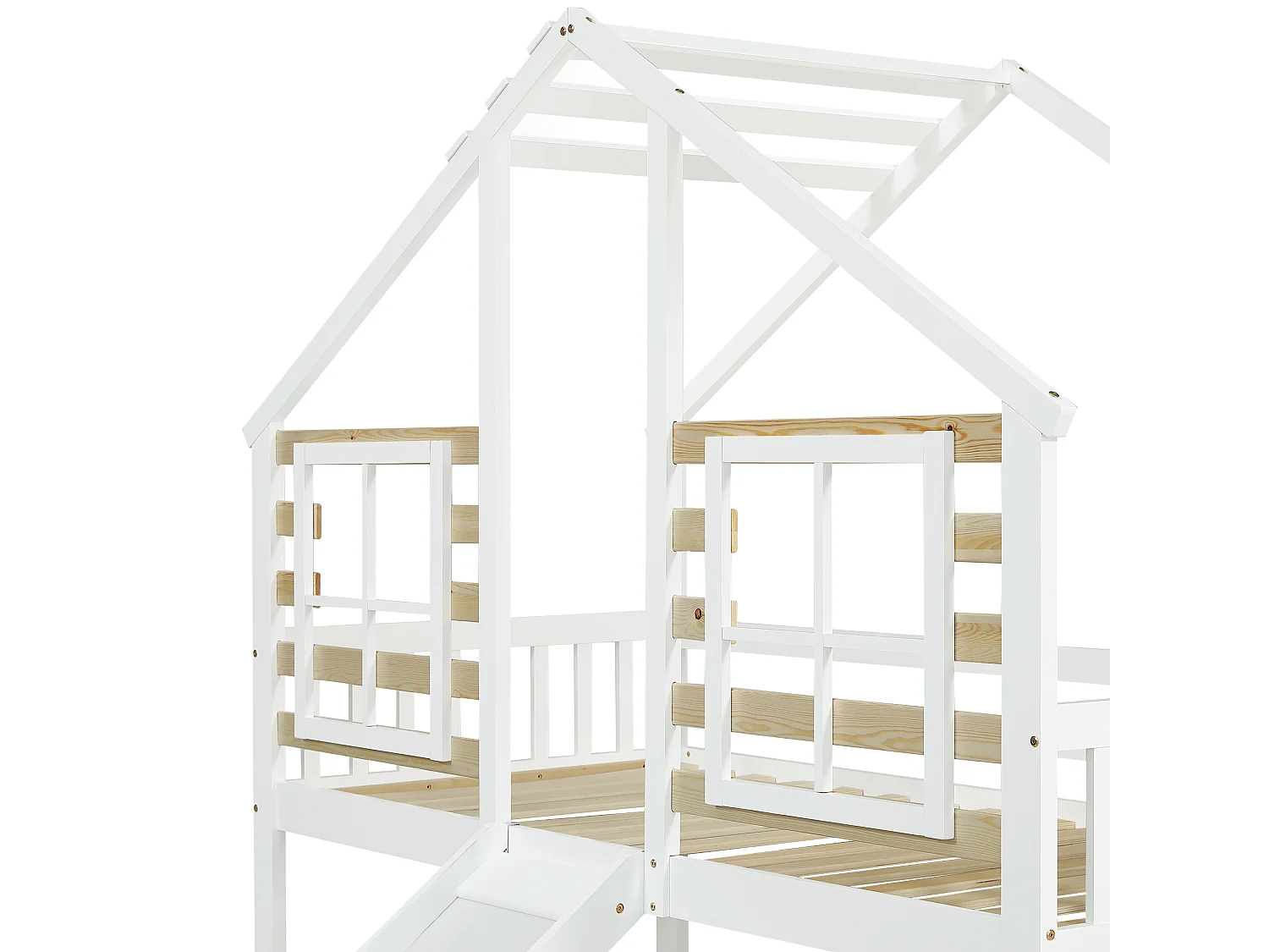 Lit superposé cabane enfant blanc 90x200cm avec escalier de rangement, toboggan, fenêtre, sans matelas