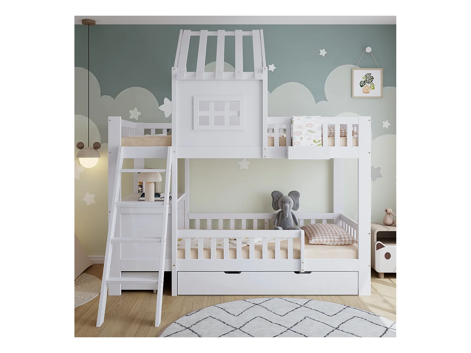 Lit superposé cabane enfant blanc 90x200cm avec 2 tiroirs, table de lecture et panier de rangement, sans matelas