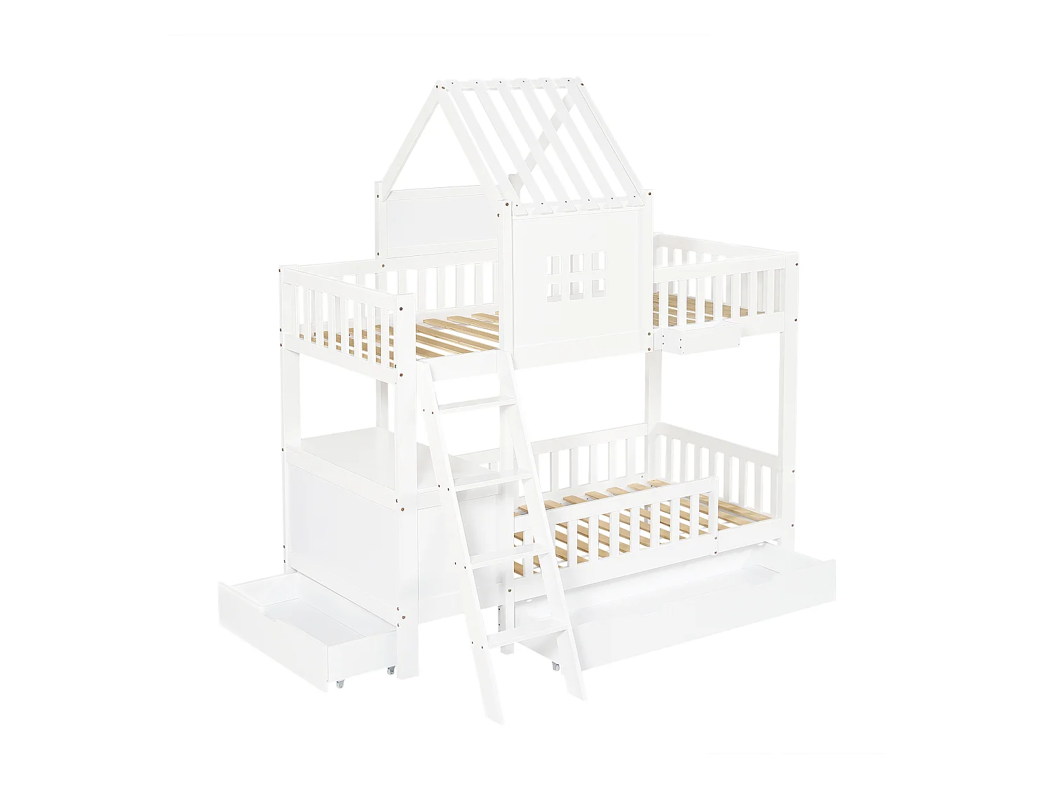 Lit superposé cabane enfant blanc 90x200cm avec 2 tiroirs, table de lecture et panier de rangement, sans matelas