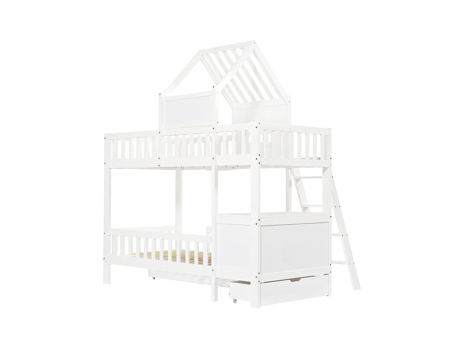 Lit superposé cabane enfant blanc 90x200cm avec 2 tiroirs, table de lecture et panier de rangement, sans matelas