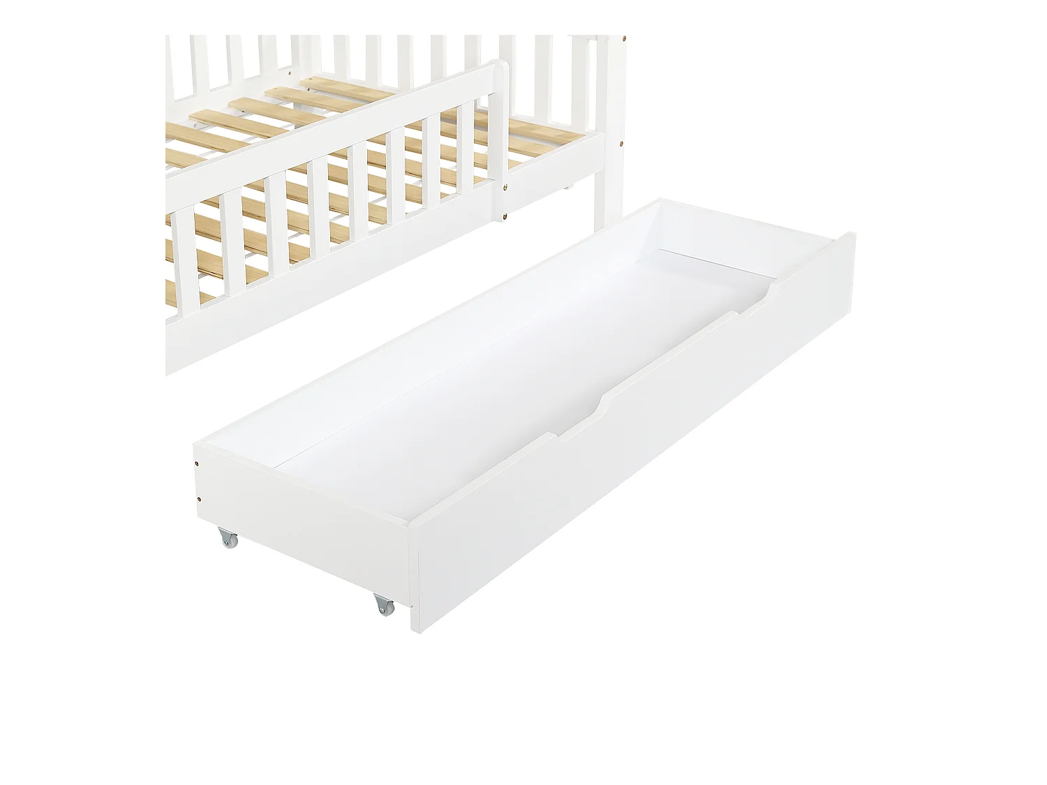 Lit superposé cabane enfant blanc 90x200cm avec 2 tiroirs, table de lecture et panier de rangement, sans matelas