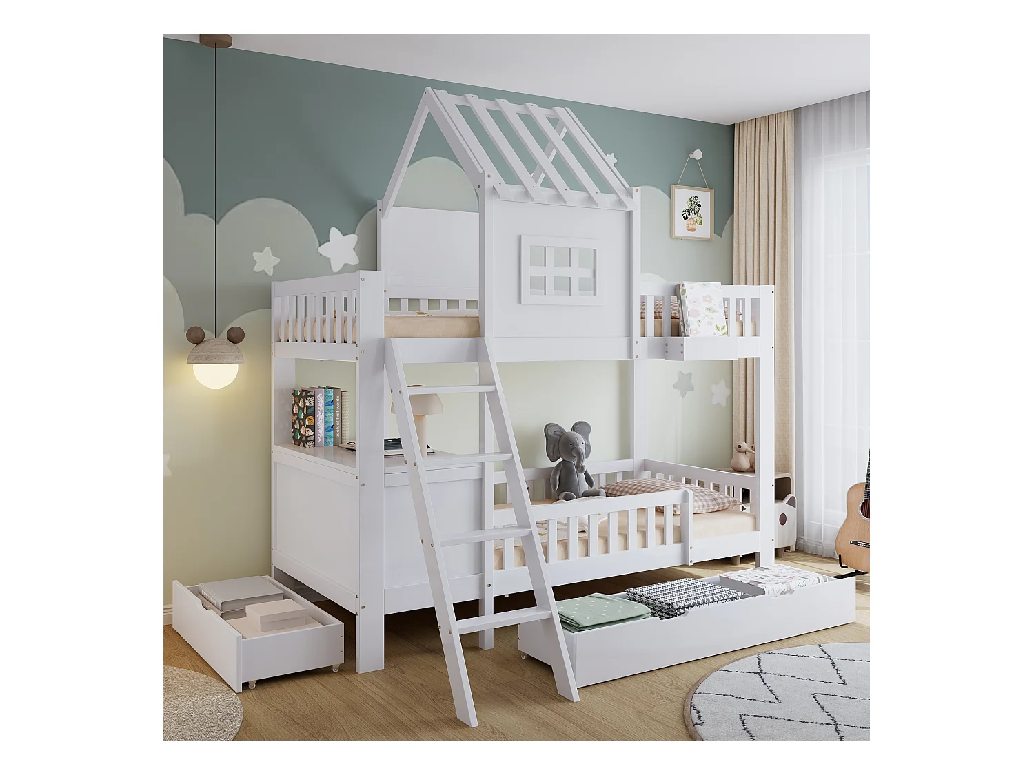 Lit superposé cabane enfant blanc 90x200cm avec 2 tiroirs, table de lecture et panier de rangement, sans matelas