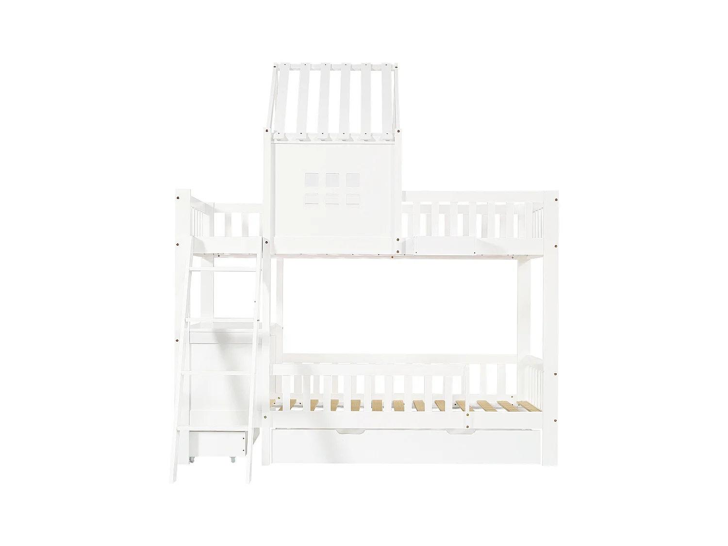 Lit superposé cabane enfant blanc 90x200cm avec 2 tiroirs, table de lecture et panier de rangement, sans matelas