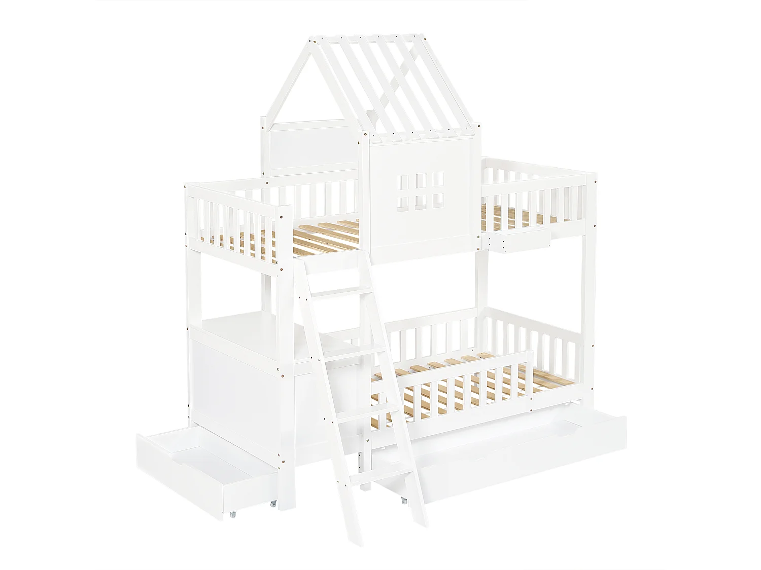 Lit superposé cabane enfant blanc 90x200cm avec 2 tiroirs, table de lecture et panier de rangement, sans matelas