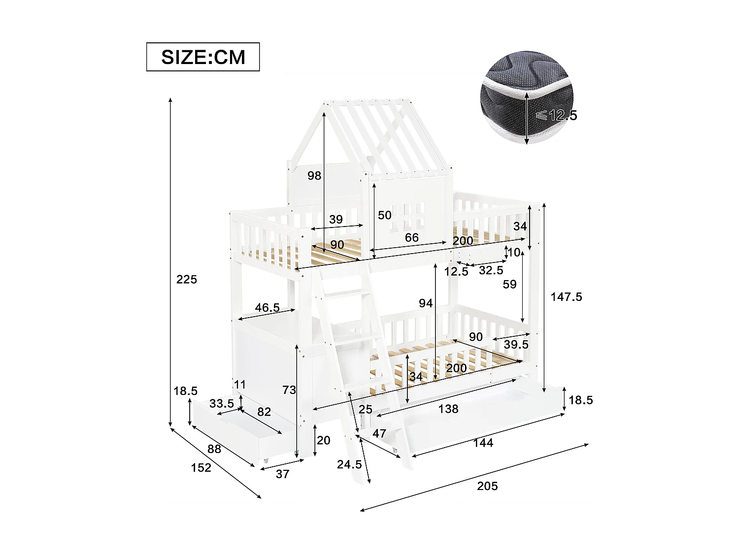 Lit superposé cabane enfant blanc 90x200cm avec 2 tiroirs, table de lecture et panier de rangement, sans matelas