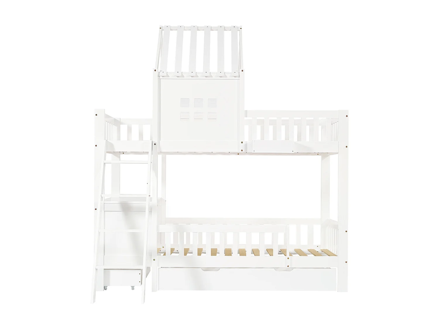 Lit superposé cabane enfant blanc 90x200cm avec 2 tiroirs, table de lecture et panier de rangement, sans matelas