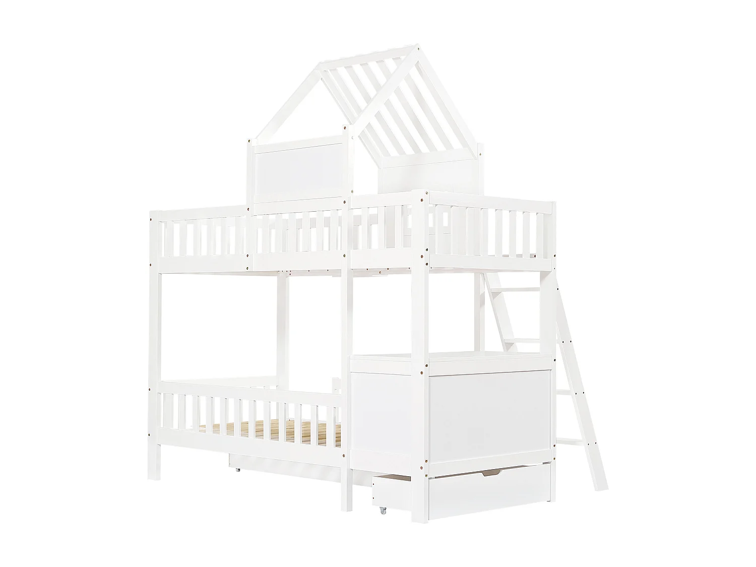 Lit superposé cabane enfant blanc 90x200cm avec 2 tiroirs, table de lecture et panier de rangement, sans matelas