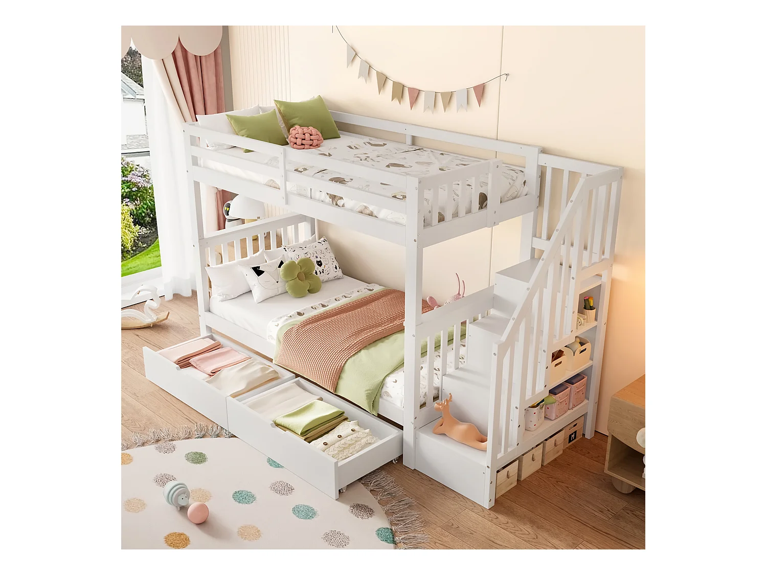 Lit superposé enfant blanc 90x200cm avec 2 tiroirs, escalier de rangement, pin + MDF, sans matelas