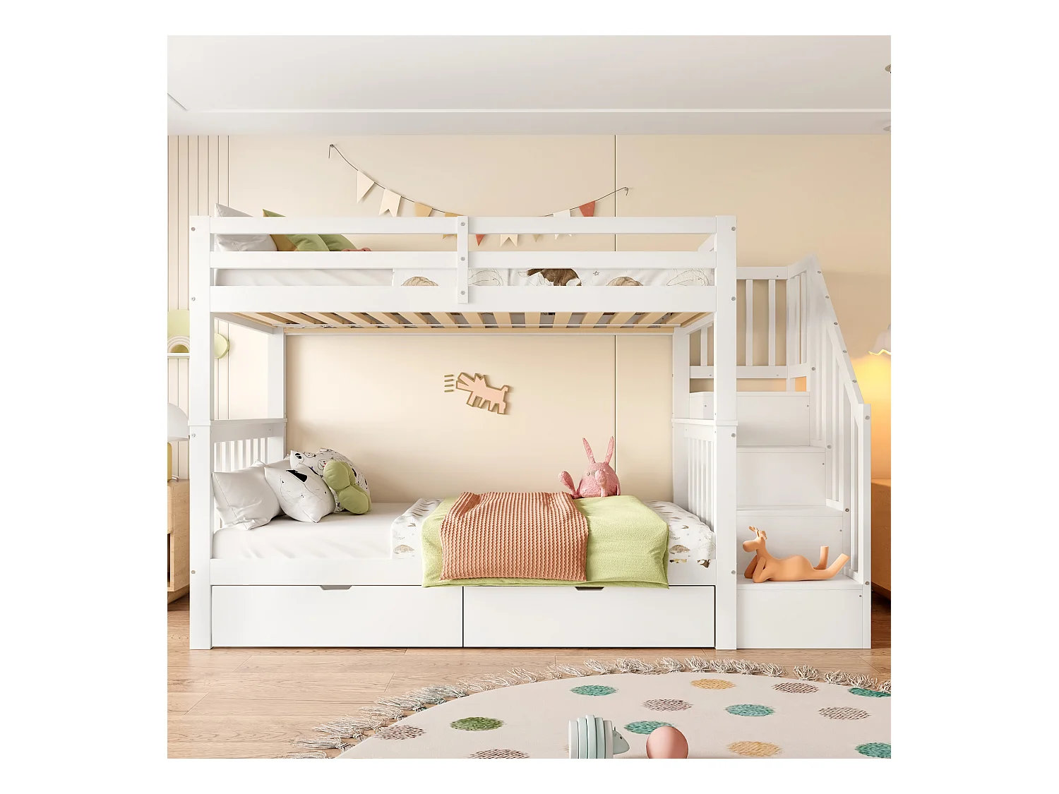 Lit superposé enfant blanc 90x200cm avec 2 tiroirs, escalier de rangement, pin + MDF, sans matelas